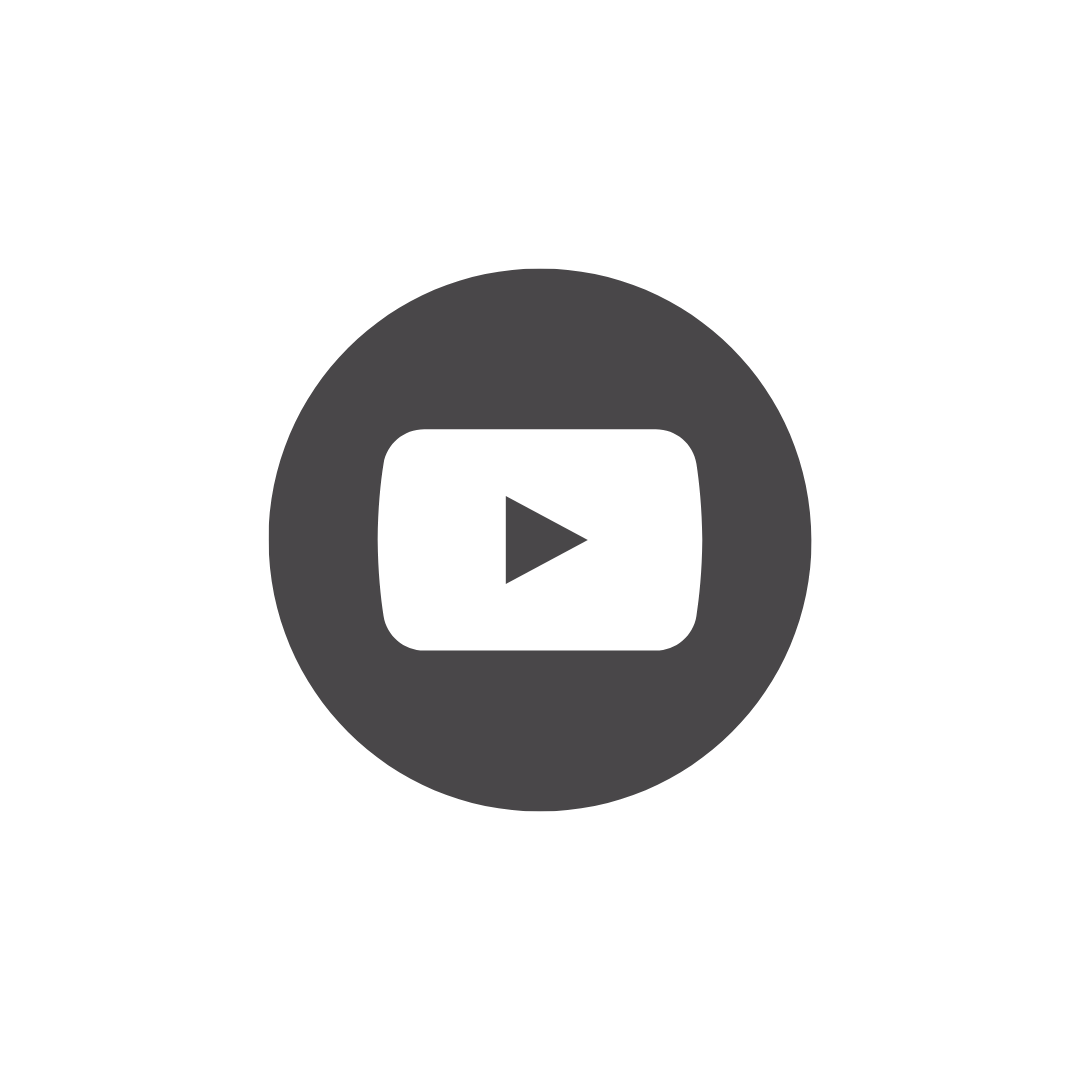 Gray YouTube play button icon inside a circle on a transparent background.