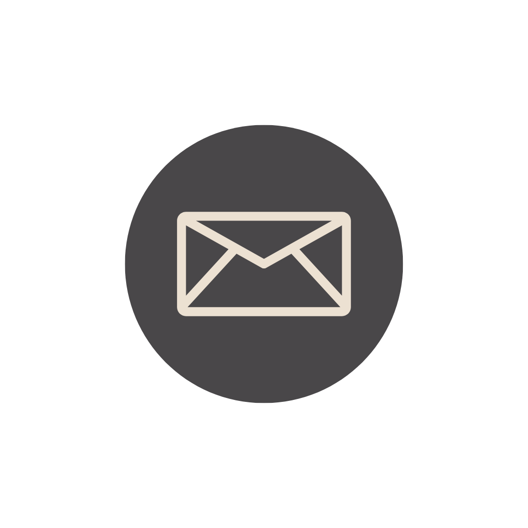 Envelope icon in beige on a dark gray circular background representing email or messaging.