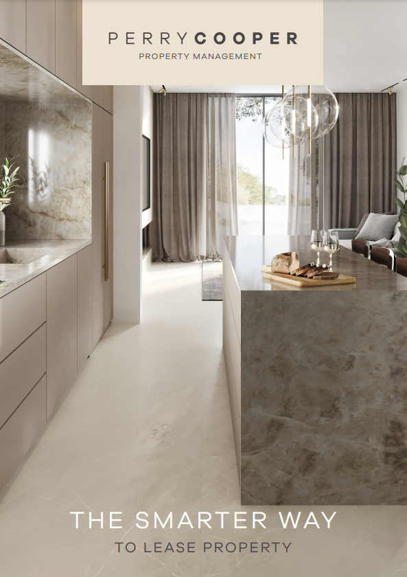 Modern kitchen with beige cabinets, marble countertops, and a cutting board with bread, overlaid with Perry Cooper Property Management logo and text 'The smarter way to lease property'.