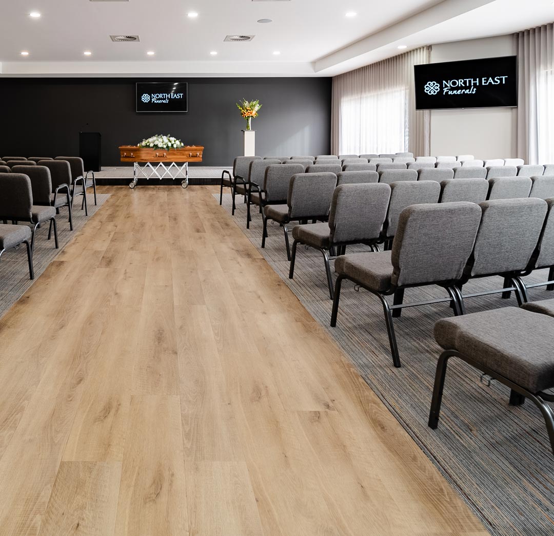 Modern Wangaratta funeral chapel with seating for 350+ guests, offering warm and respectful services.