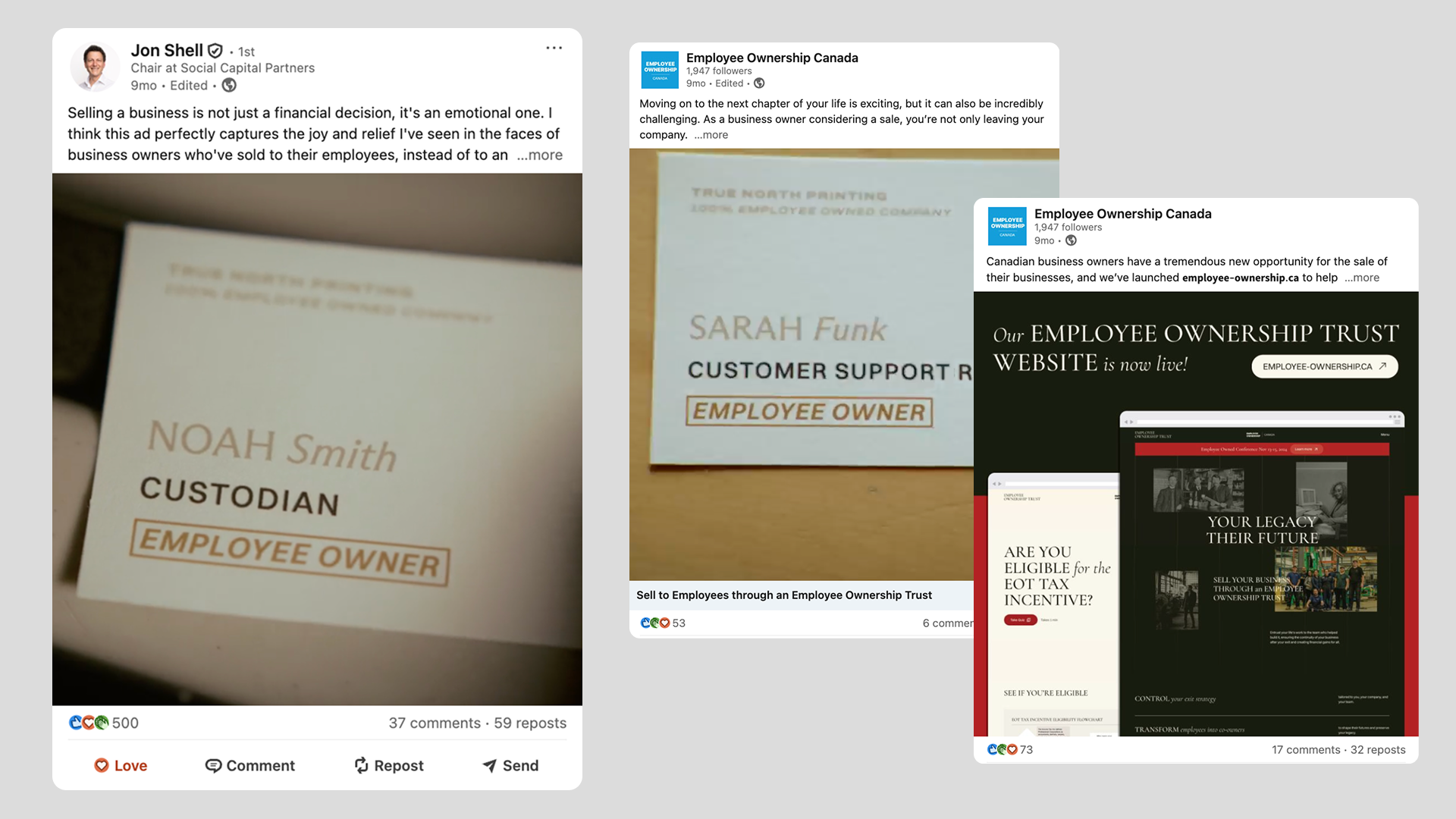 Collage of LinkedIn posts promoting Employee Ownership Trusts, including a video featuring business cards labeled ‘Employee Owner’ and an announcement of the new employee-ownership.ca website.