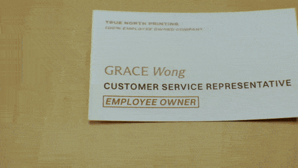 Animated GIF showing employee name cards labeled with roles like ‘Customer Service Representative’ and the highlighted title ‘Employee Owner.’