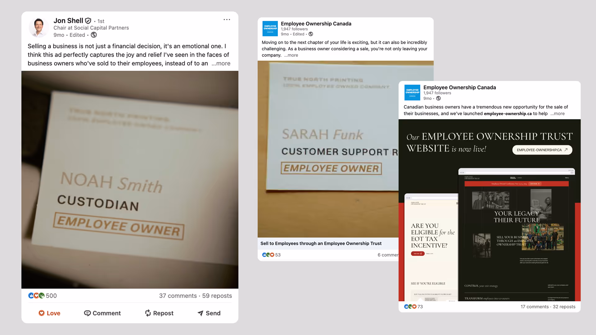 Collage of LinkedIn and Facebook posts promoting Employee Ownership Trusts, including a video with business cards labeled ‘Employee Owner’ and an announcement of the new employee-ownership.ca website.