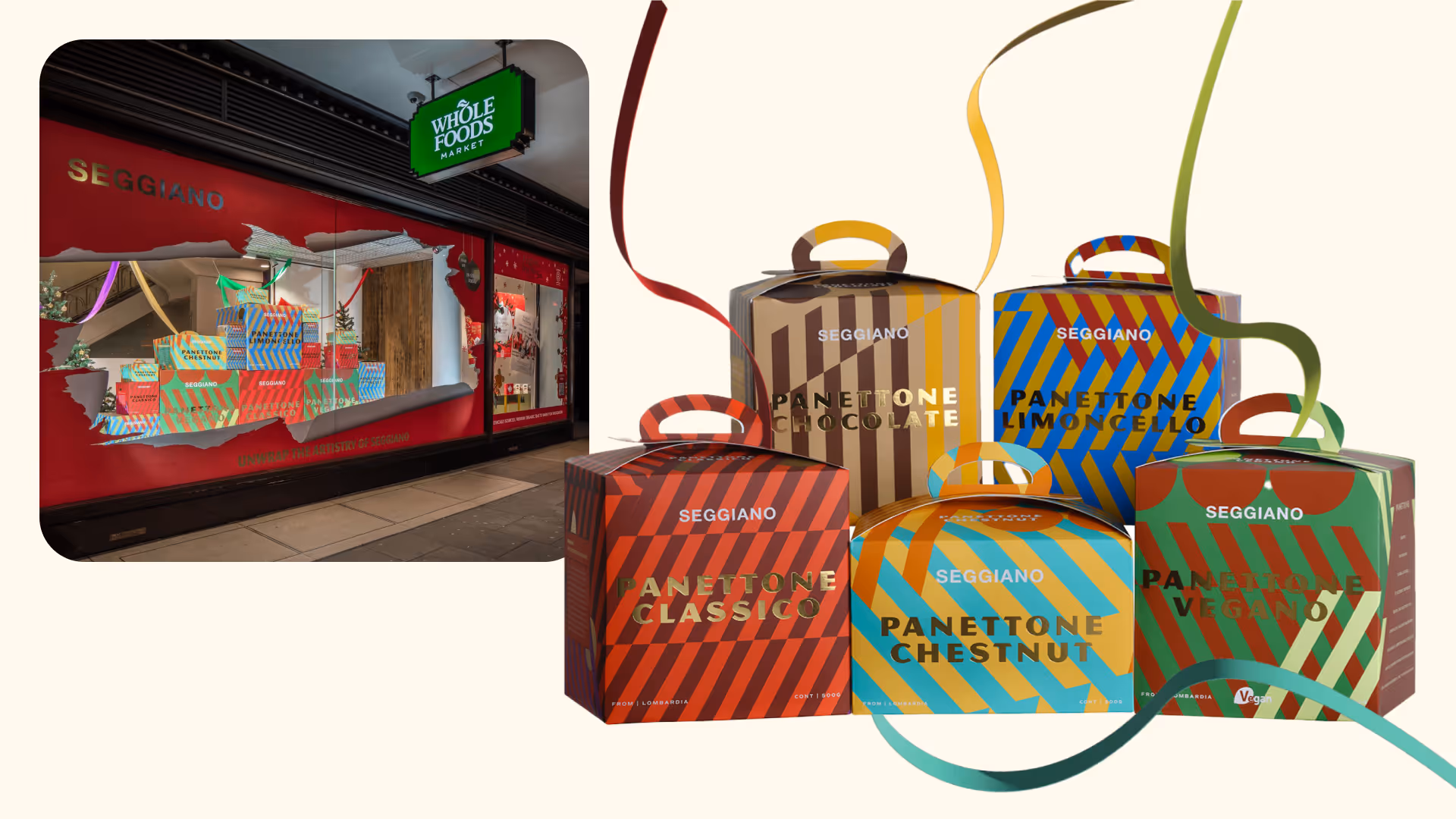 Colorful Seggiano panettone boxes with ribbons displayed alongside a Whole Foods holiday window installation.