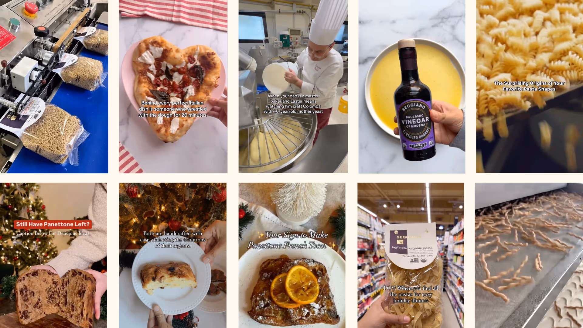 Seggiano social posts featuring pasta production, pizza making, balsamic vinegar, panettone, and holiday food traditions.
