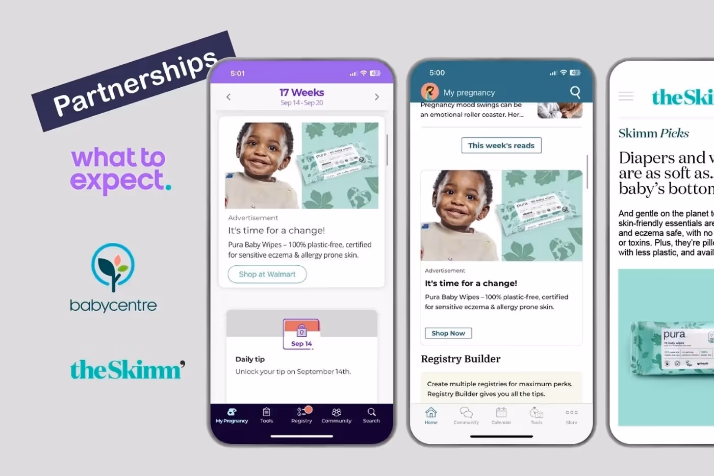 Partnership ads across BabyCentre, What to Expect, and theSkimm.