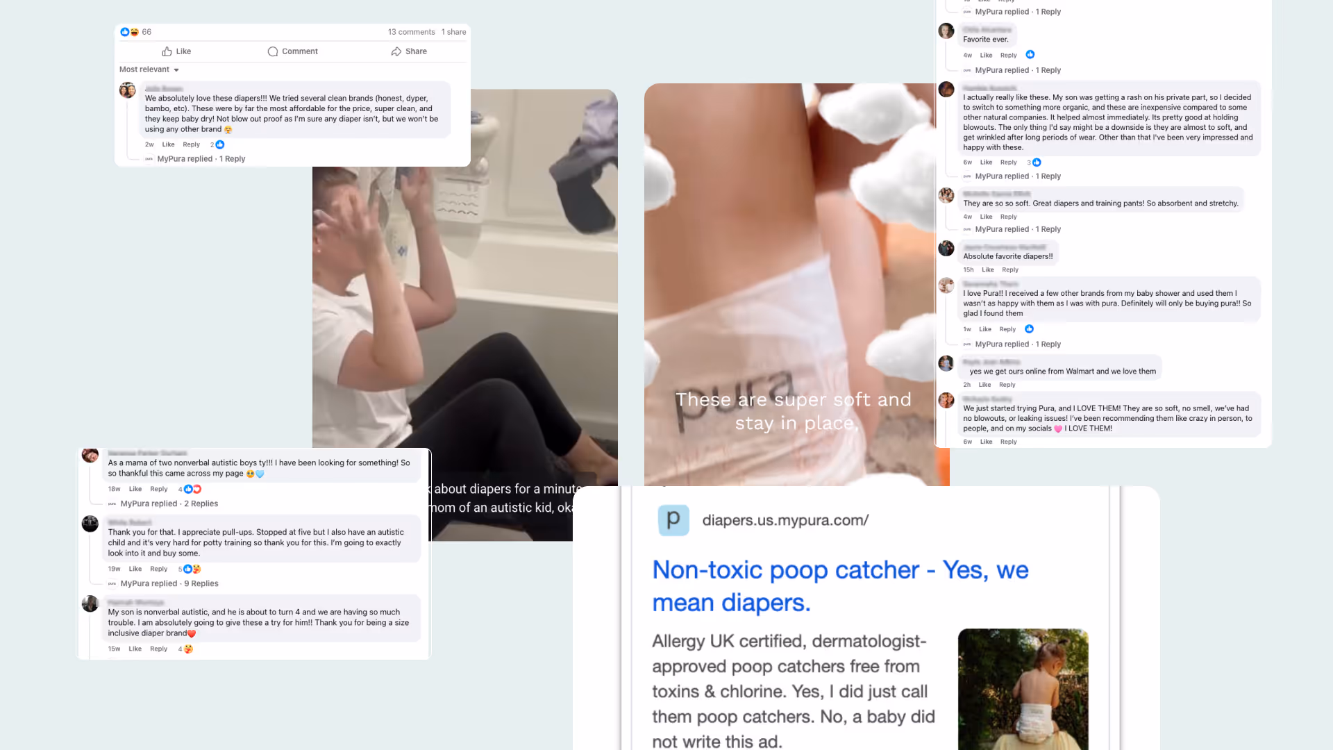 Collage of customer Facebook reviews praising Pura diapers for softness, fit, and inclusivity, alongside product visuals.