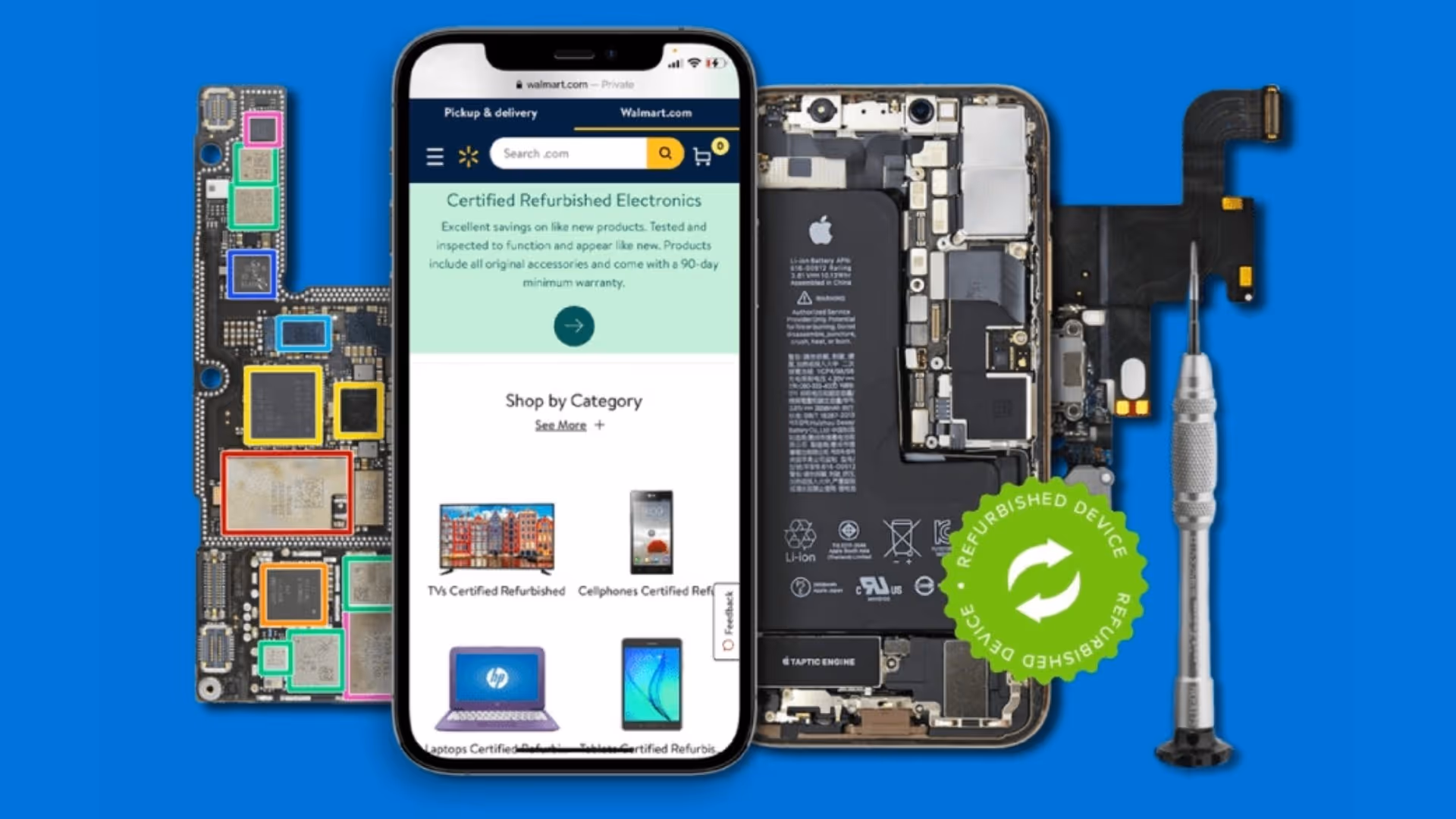 Walmart digital recycling program graphic showing refurbished electronics with a phone displaying the Certified Refurbished shop page and device components.