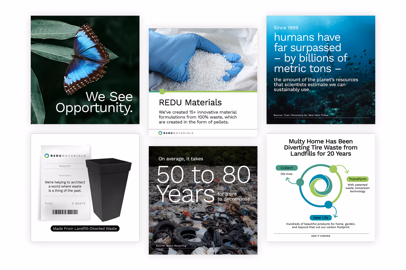 Collage of REDU Materials social content showing recycled pellets, butterfly imagery, landfill waste, and sustainability statistics.