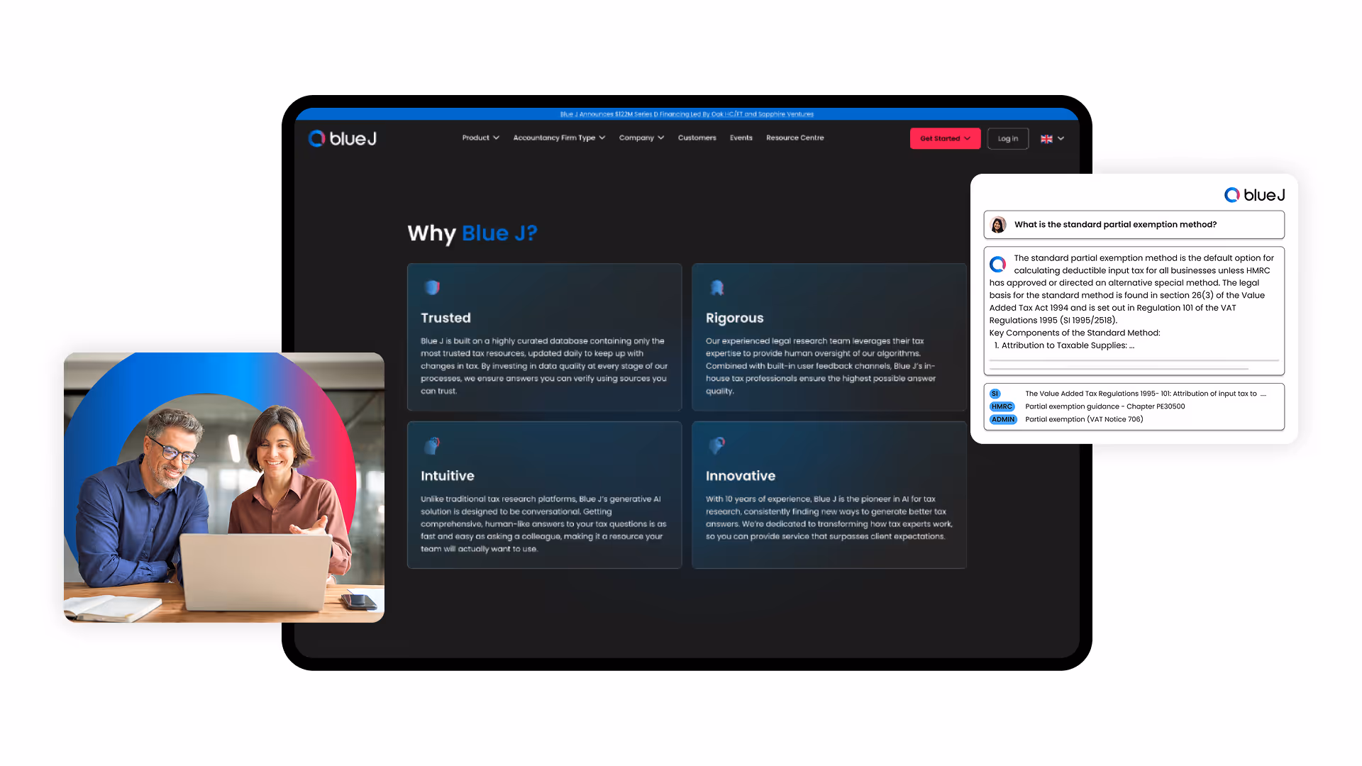 Blue J Legal website mockup on a tablet screen with sections highlighting “Why Blue J?”