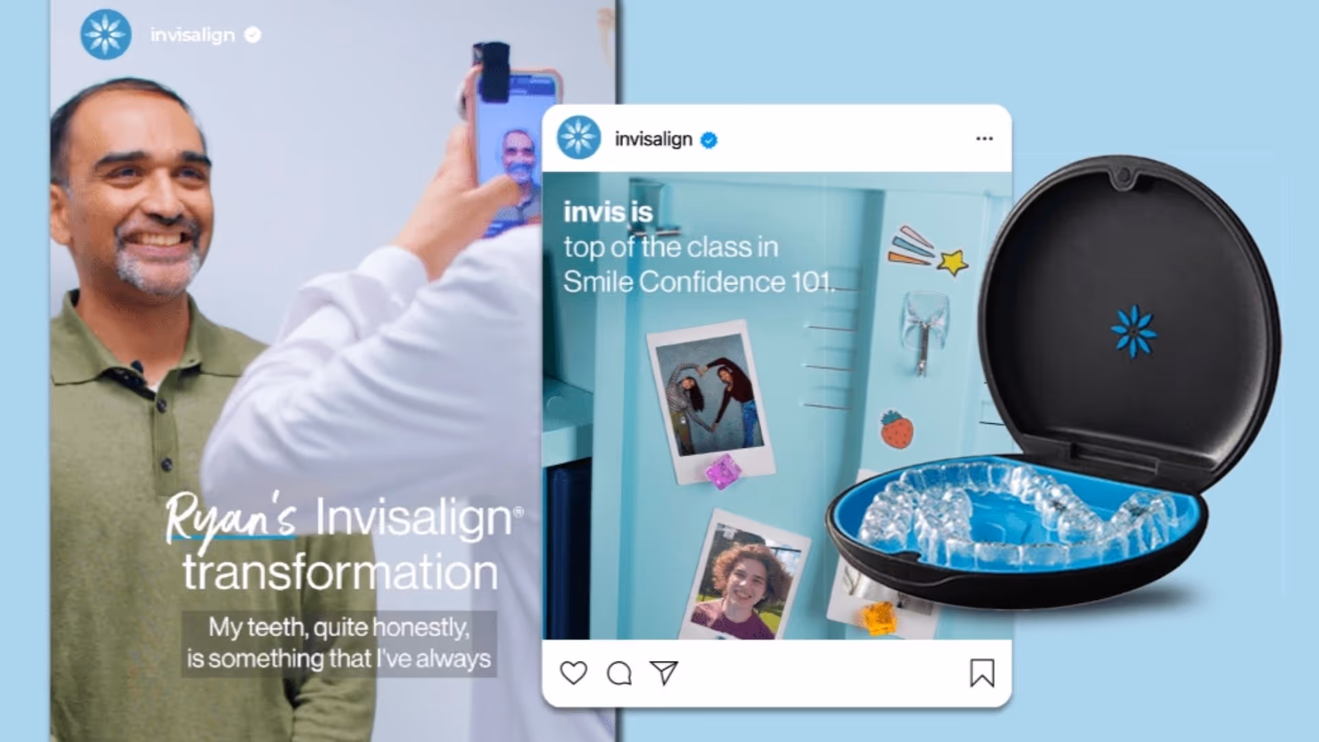 Social media posts including a patient smiling at an Invisalign appointment.
