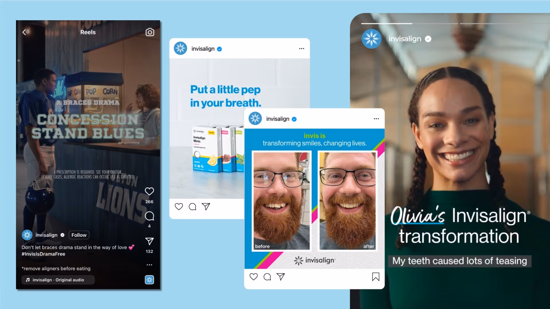 A collage of Invisalign ads showing aligners, before-and-after results, and smiling patients.