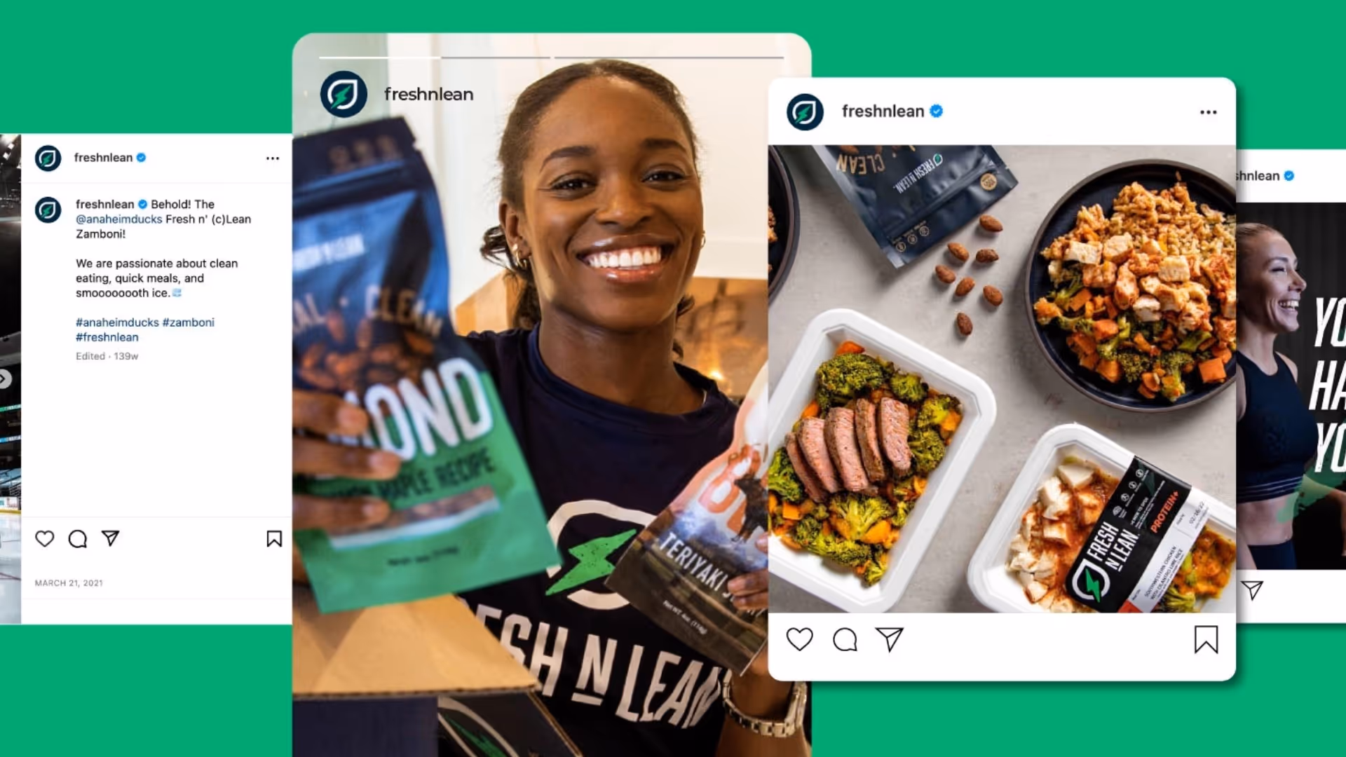 Smiling woman holding Fresh n’ Lean packaged snacks and meals, with branded Instagram posts showcasing plated meals.
