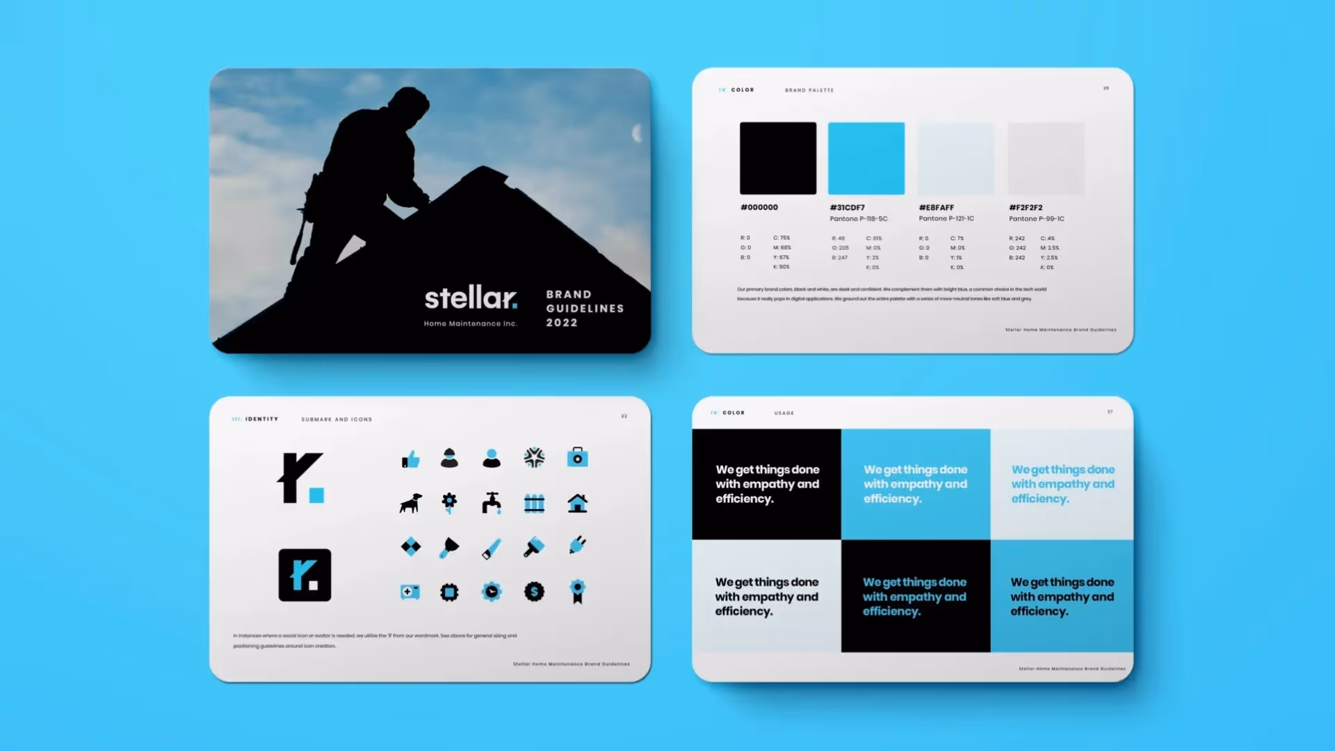 Stellar brand guidelines booklet with cover image of a tradesperson on a roof, brand palette, iconography, and typography usage examples.