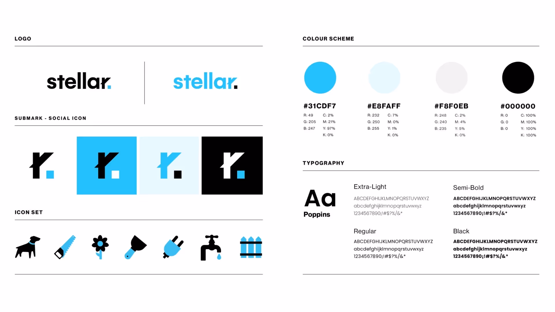 Stellar logo system with black and blue wordmark, social submark variations, color scheme, and icon set featuring trades-related symbols.
