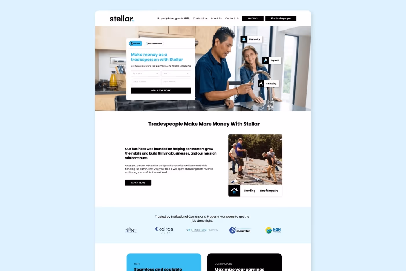 Stellar website page promoting tradespeople recruitment with headline ‘Make money as a tradesperson with Stellar’ alongside contractor imagery.