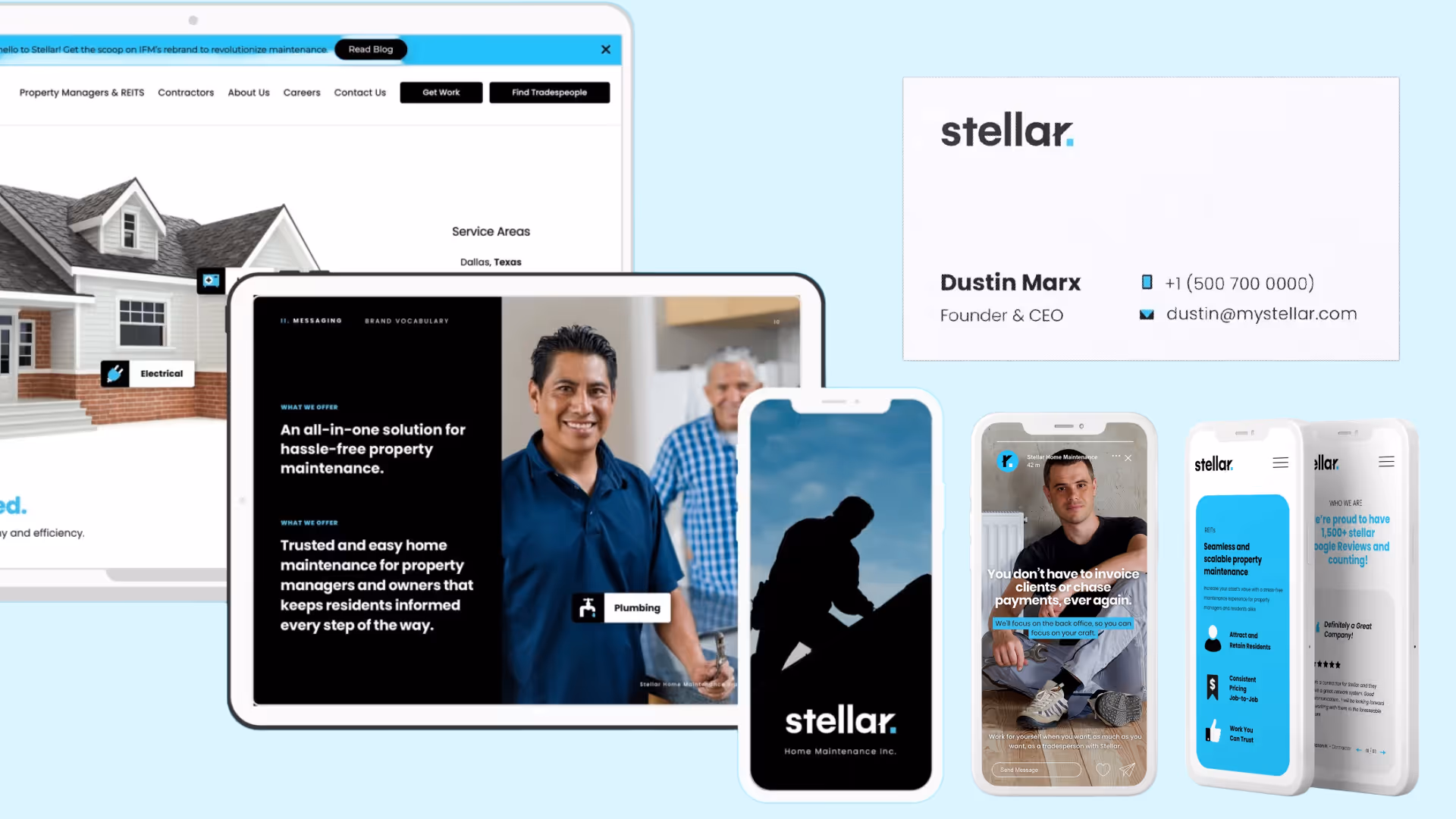 Stellar digital assets including website, tablet, phone mockups, and business card featuring brand visuals, messaging, and tradesperson photography.