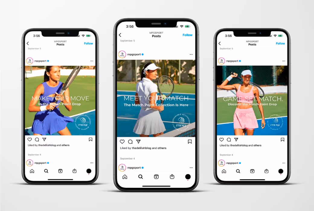 MPG Sport Instagram carousel featuring tennis players in blue and pink outfits with captions like ‘Make Your Move’ and ‘Game Set Match.’