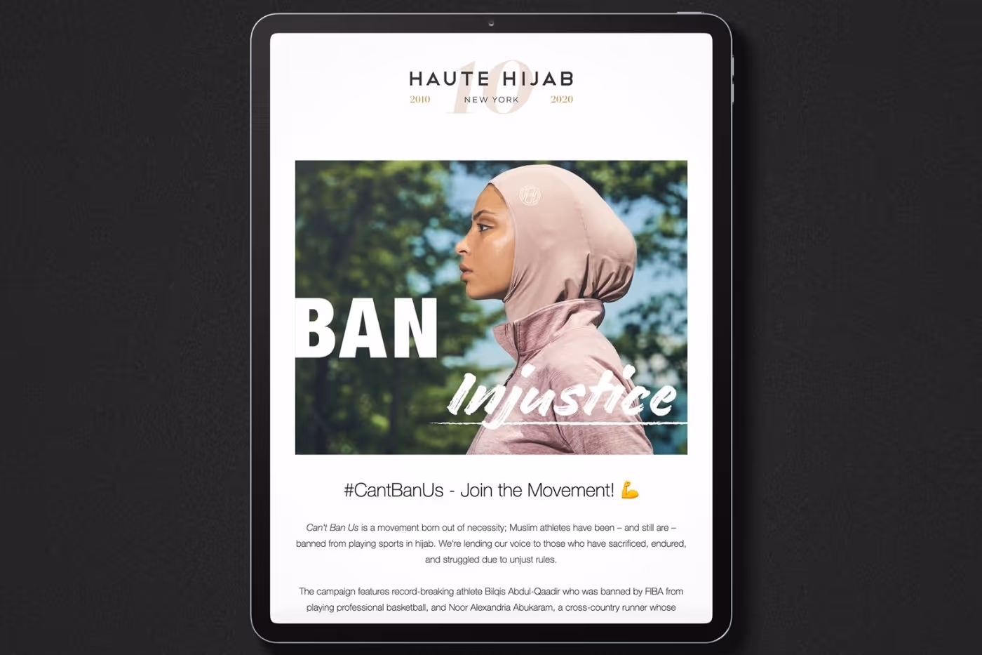 Haute Hijab campaign landing page for #CantBanUs with athlete in pink sports hijab and text “Ban Injustice”.