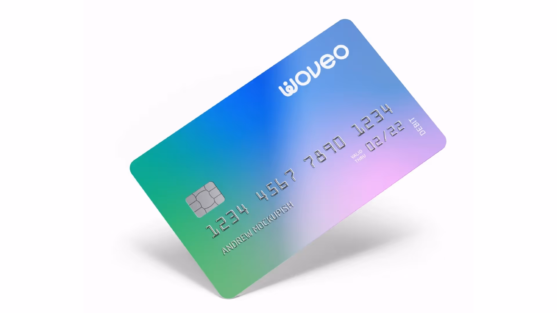Gradient blue-to-purple Woveo debit card design with embossed numbers and logo.