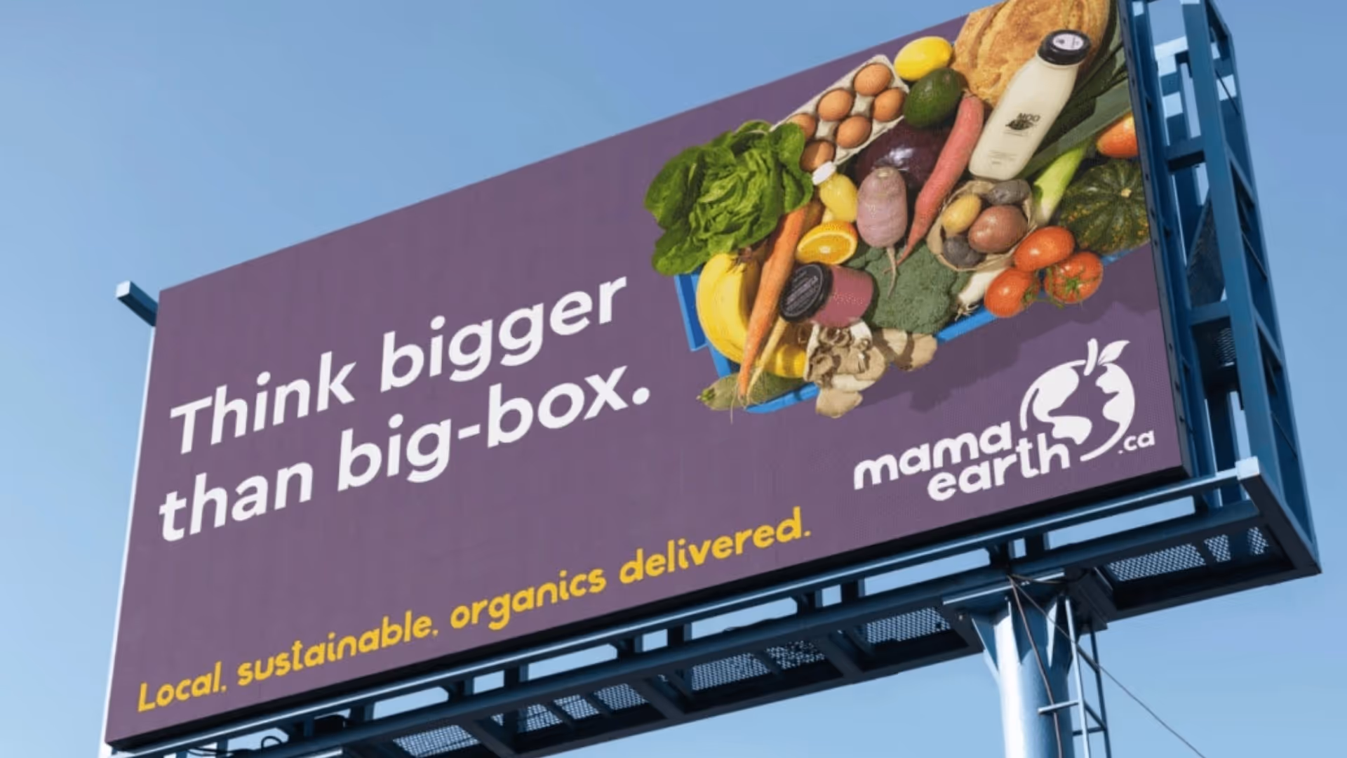 Mama Earth Organics billboard reading 'Think bigger than big-box,' featuring a crate overflowing with fresh produce and groceries.