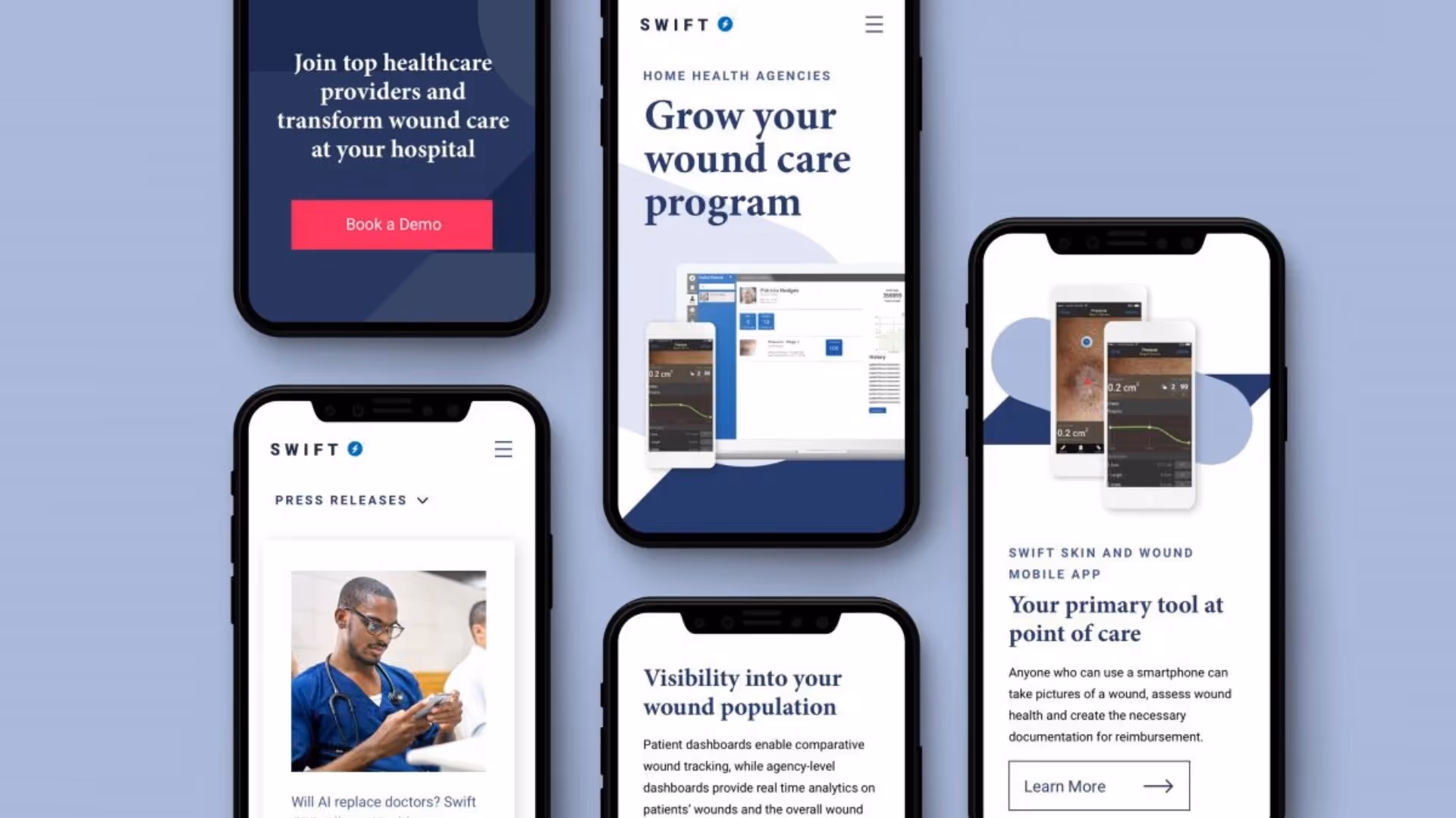Swift Medical mobile website screens highlighting "Grow your wound care program."