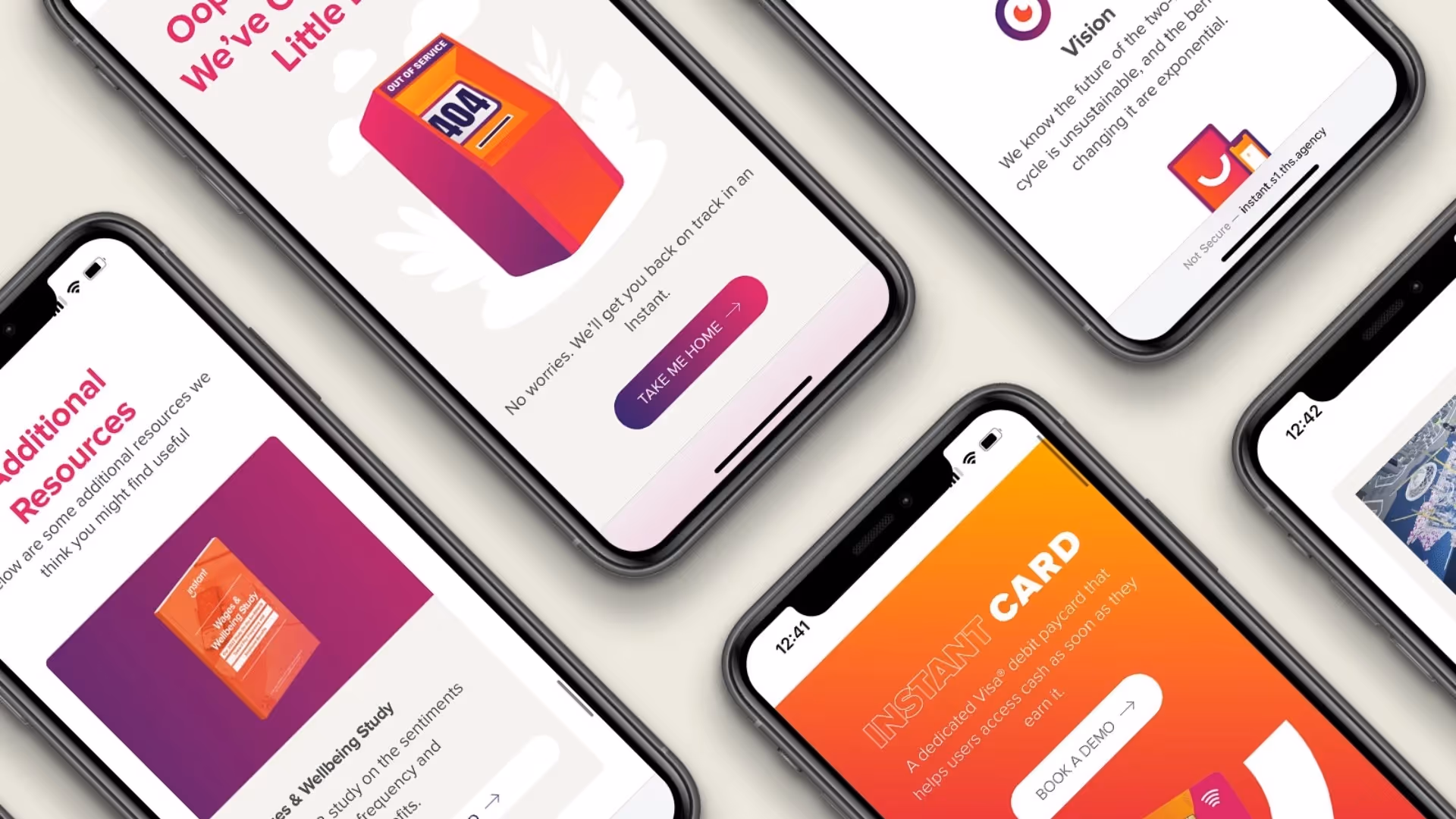Instant Financial mobile app screens showing features like Instant Card, additional resources, and error page designs.
