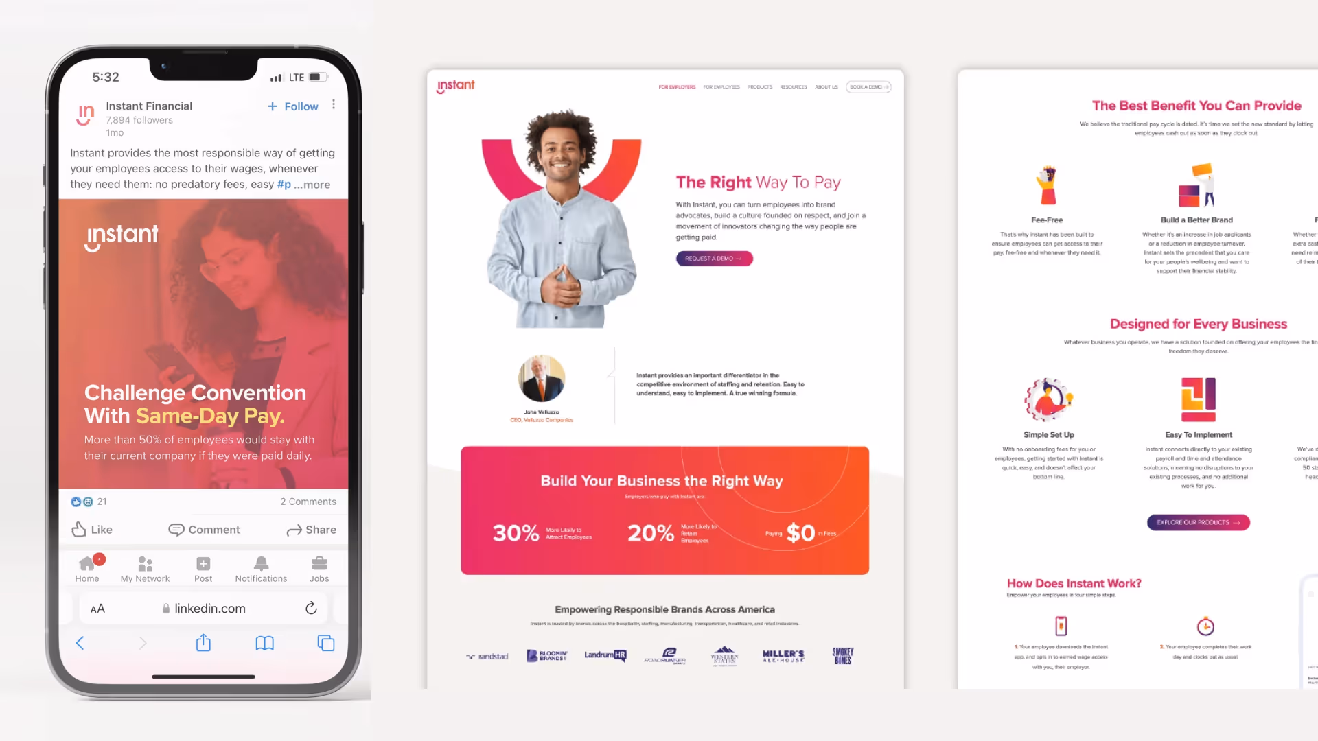Instant Financial LinkedIn ad and website mockup highlighting same-day pay benefits for employees and businesses.
