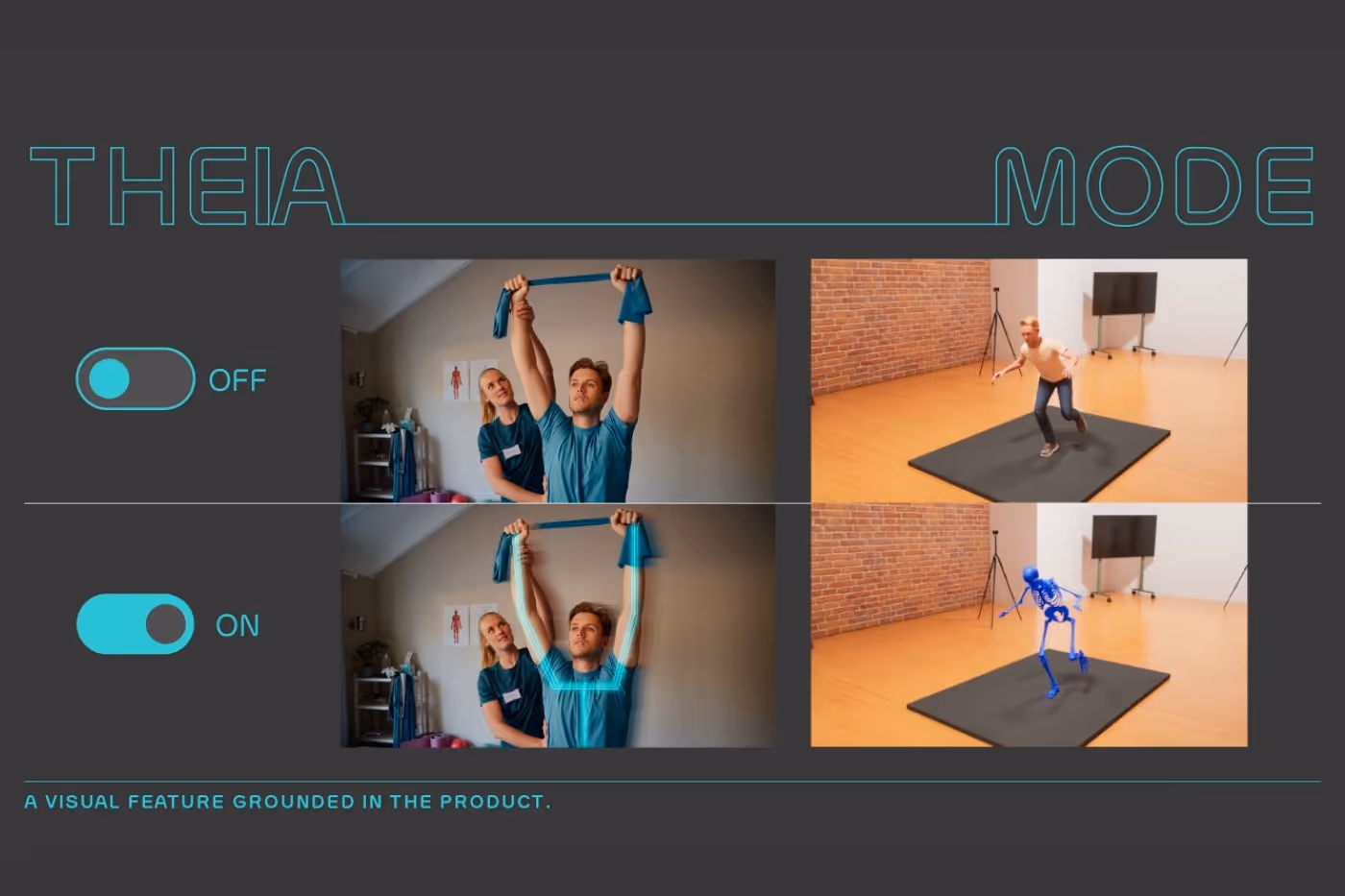 Visual demo of “Theia Mode” with toggle on/off. Top row shows raw footage of a trainer and athlete using resistance bands and a person running; bottom row shows the same activities with Theia’s motion capture overlay in blue.