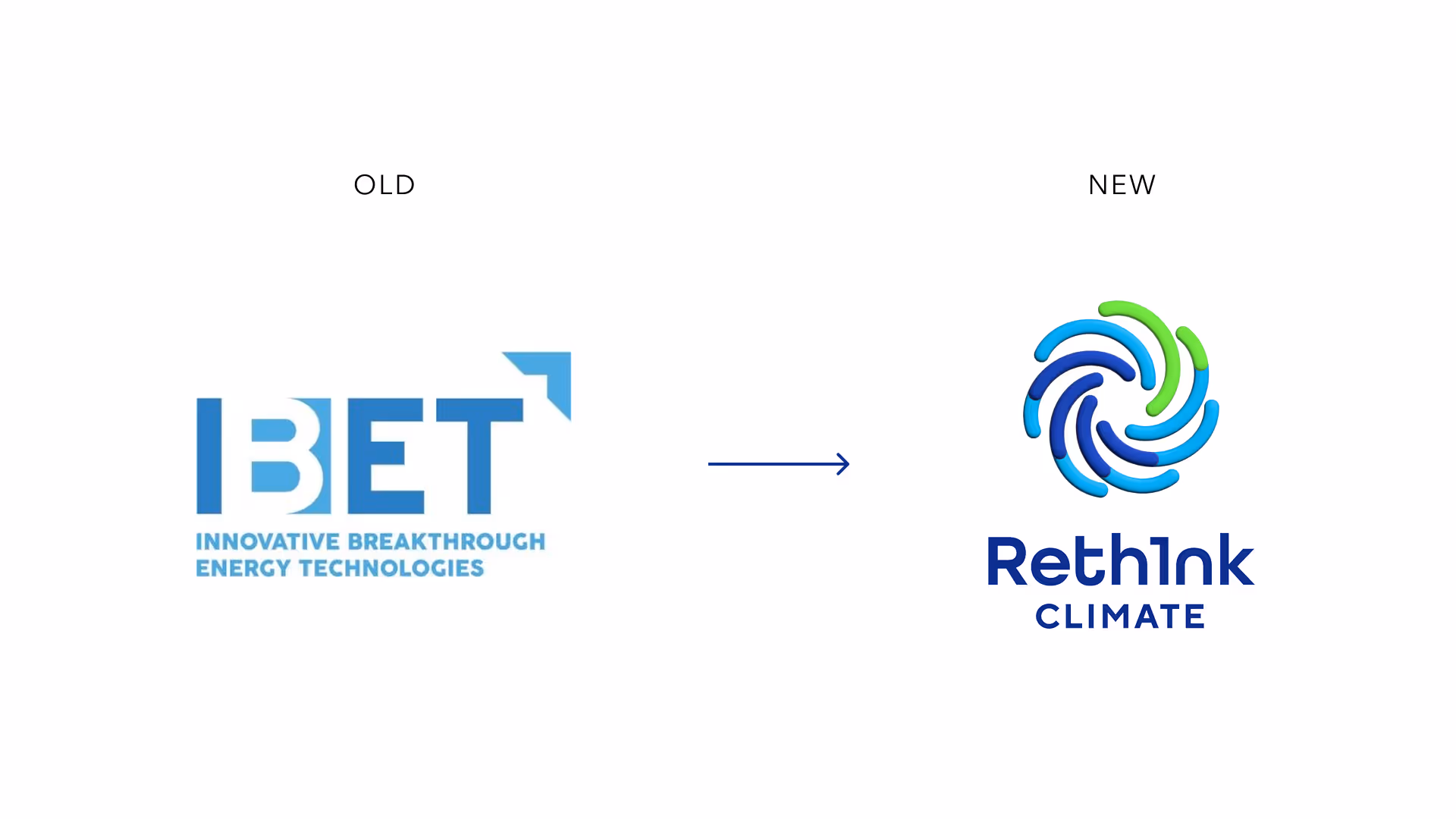 Comparison of old IBET logo and new Rethink Climate logo featuring a modern circular green and blue icon.
