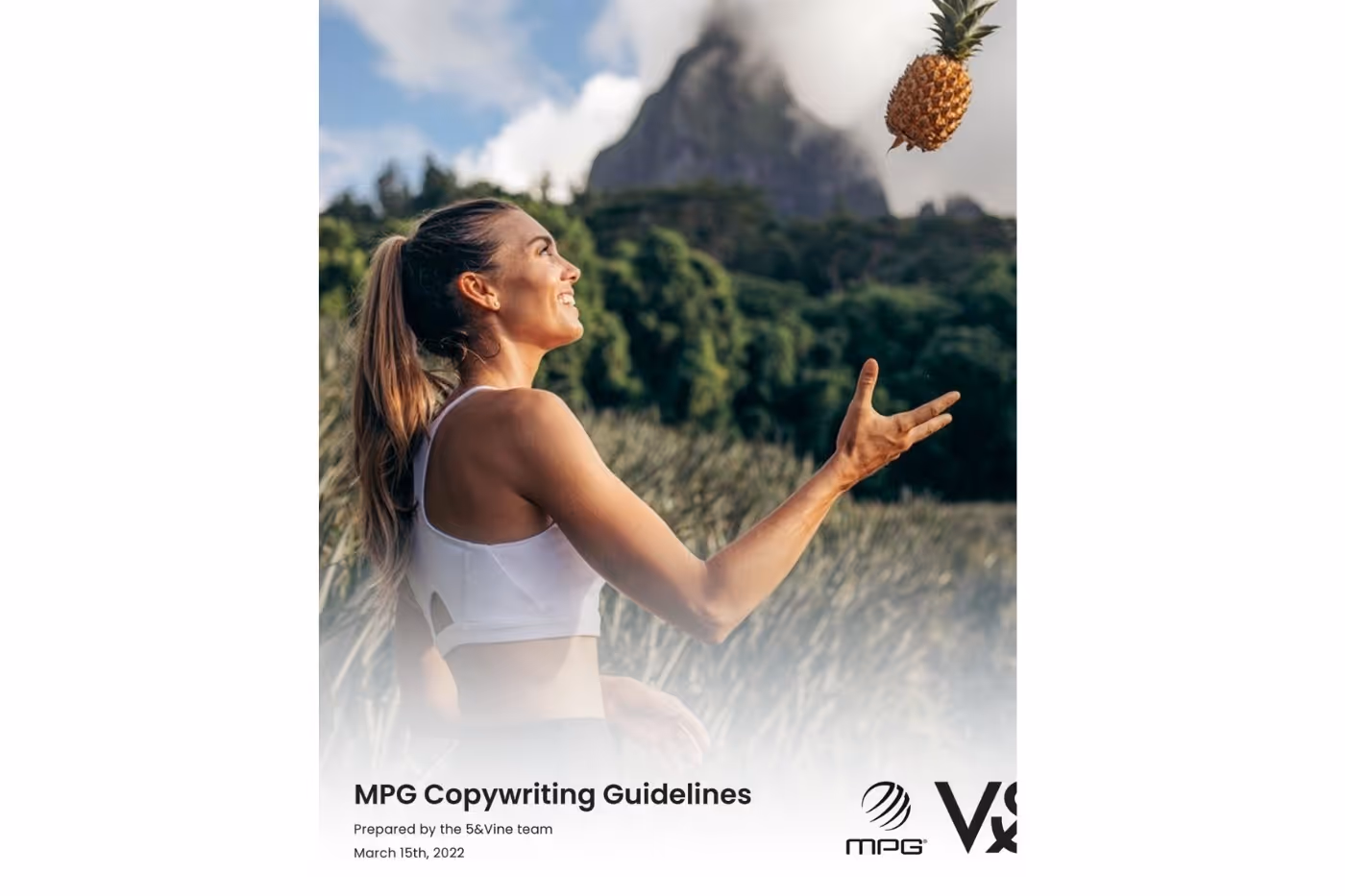 MPG Sport copywriting guidelines cover page showing athlete tossing pineapple in tropical setting, prepared by 5&Vine team.