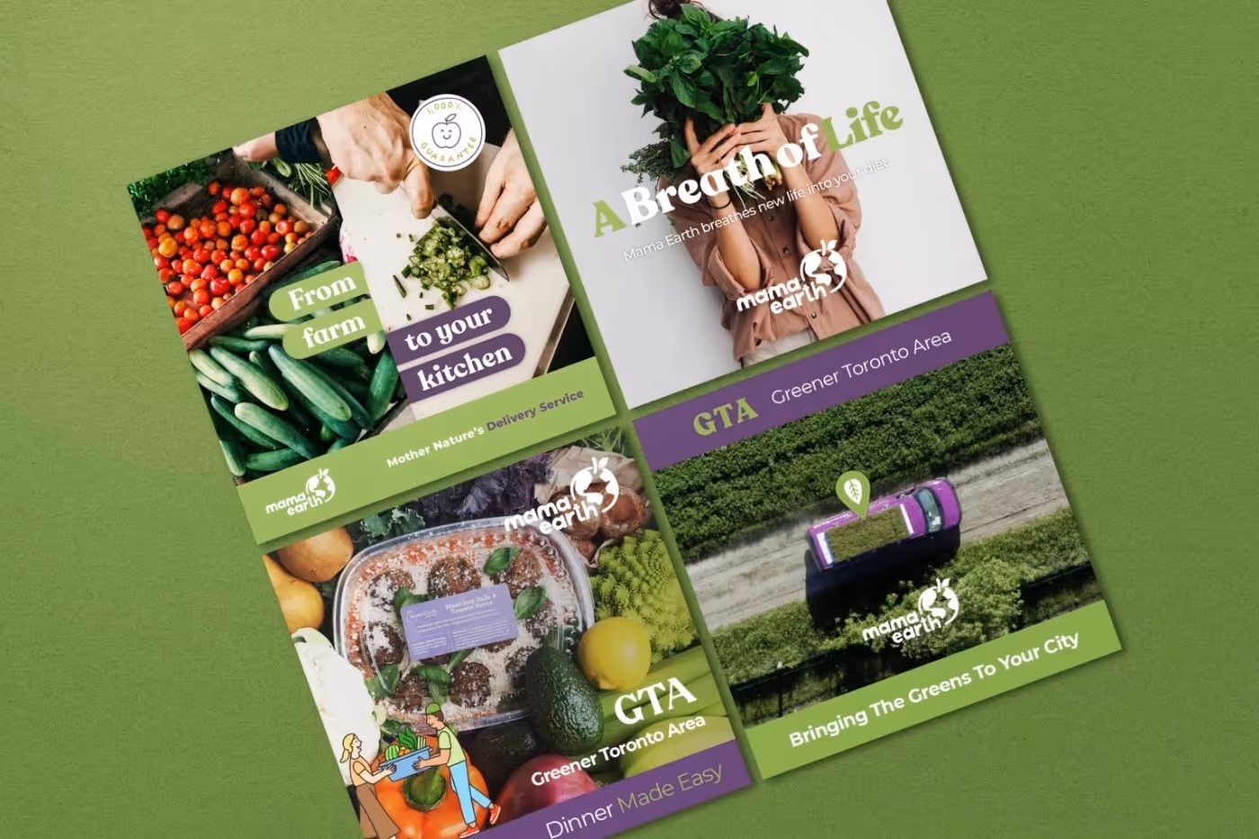 Mama Earth Organics social media graphics promoting local produce delivery with taglines like 'From farm to your kitchen' and 'A Breath of Life.'
