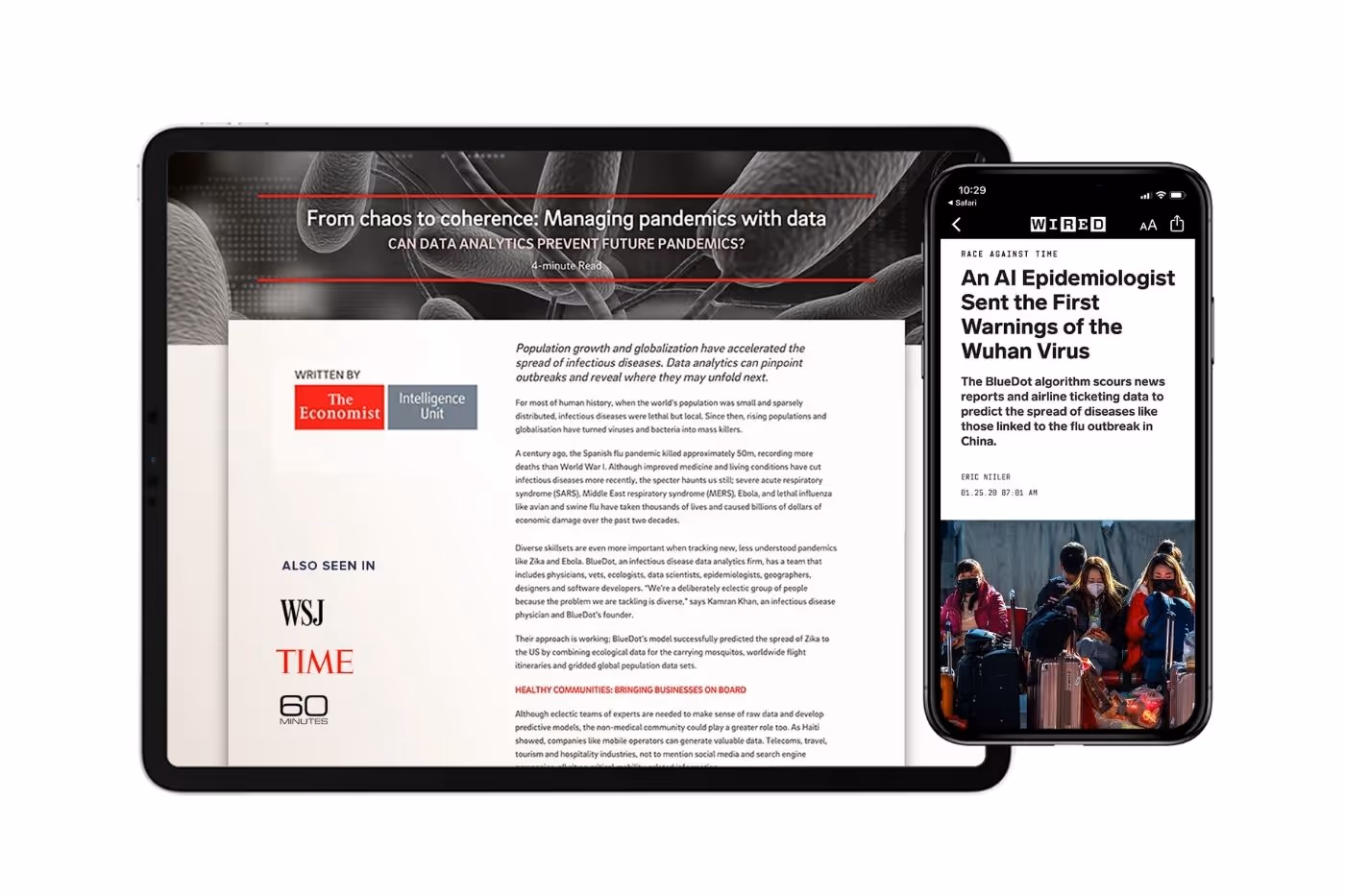 Bluedot featured in publications like The Economist, Wired, WSJ, and TIME highlighting its role in predicting disease outbreaks such as Wuhan’s virus.