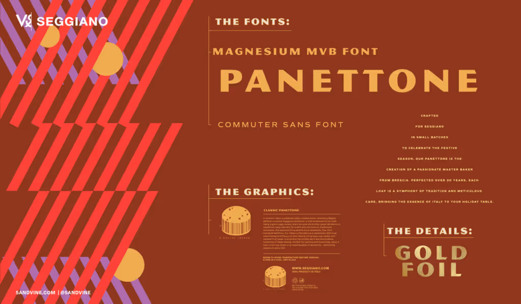 Seggiano Panettone Brand Elements including font, graphics, and foils