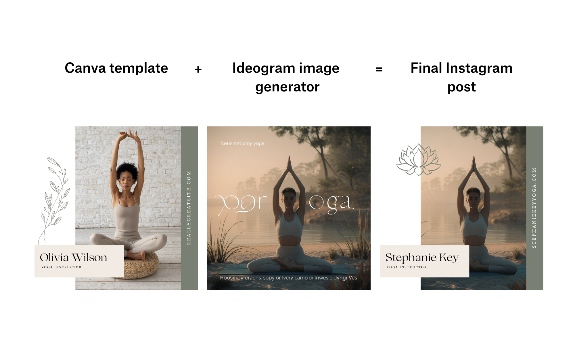 AI Instagram post about a yoga instructor, using a Canva template and an Ideogram generated image.