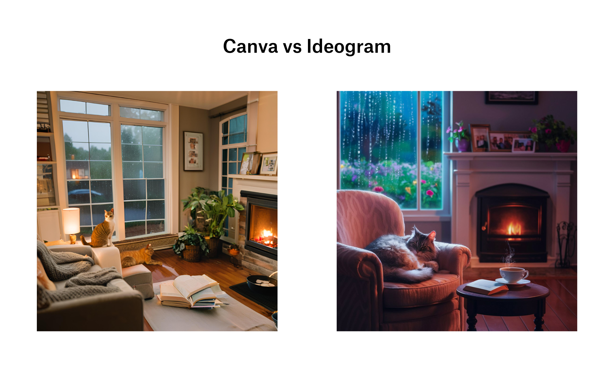 An AI image comparison of a warm, cozy room with a cat, books, tea and fireplace.