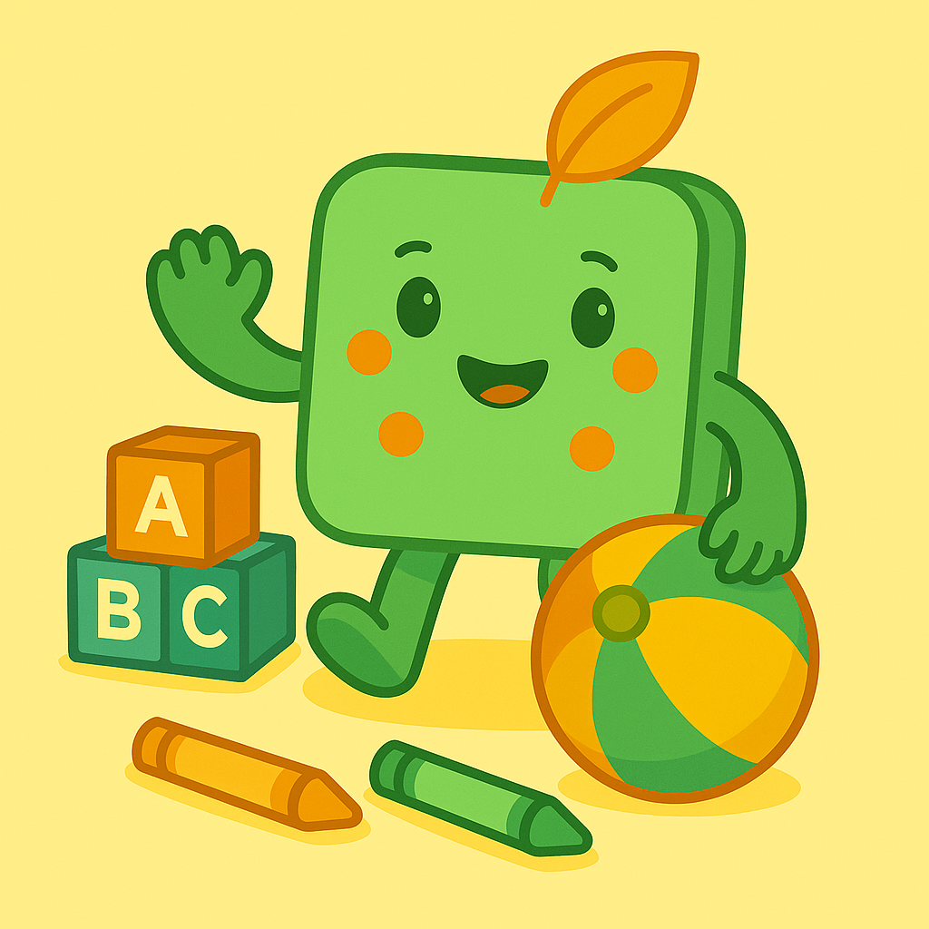 mascot sprout waving next to ball and blocks

