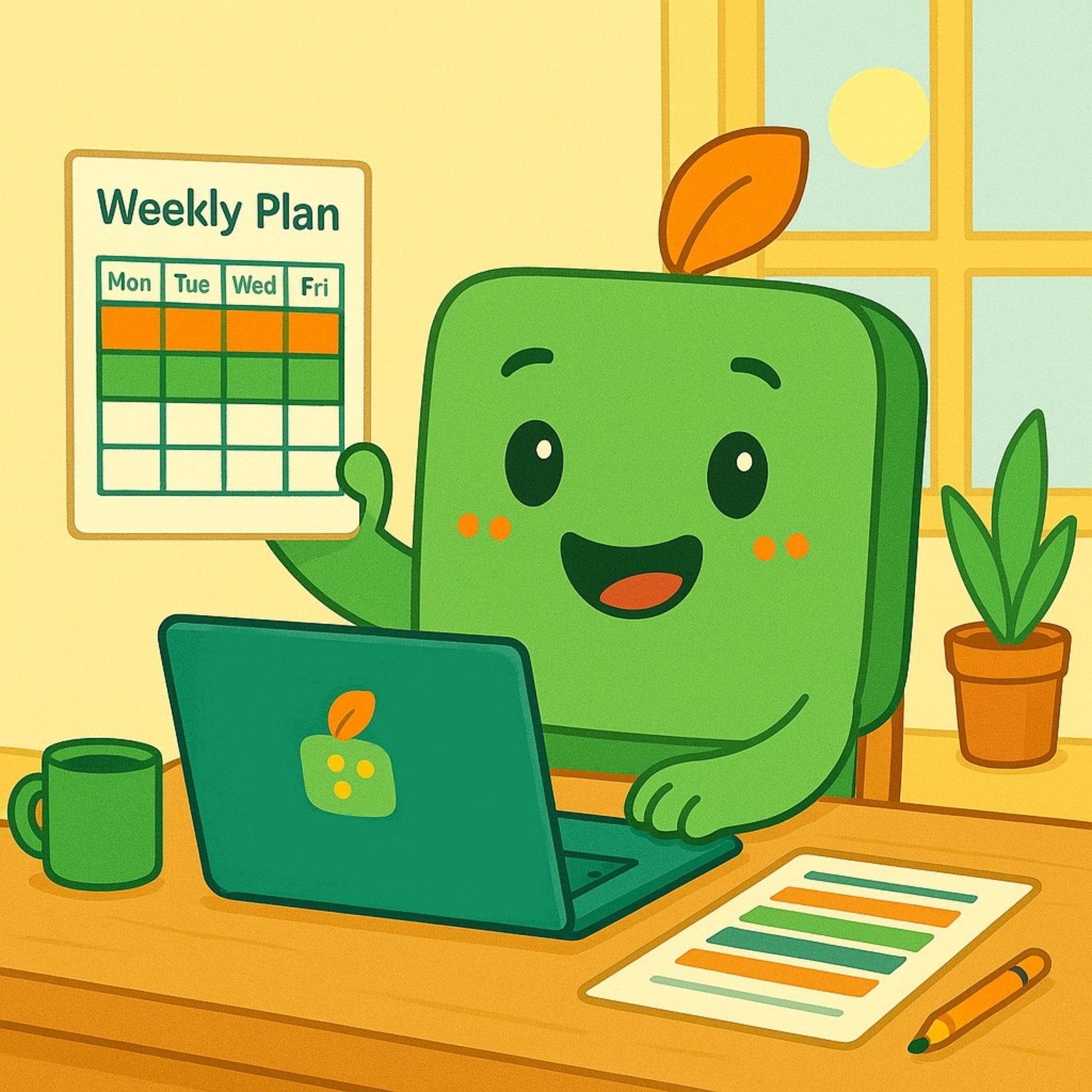 mascot sprout sitting at a desk working on lesso plan