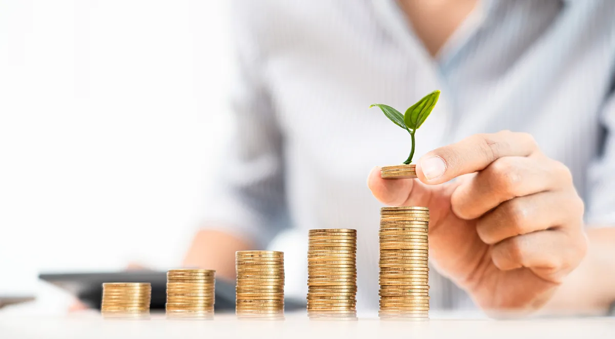 A person placing a final coin with a small green plant sprout on top of ascending stacks of gold coins.