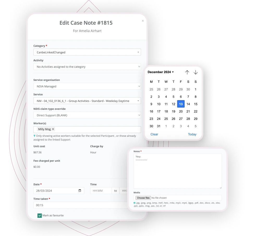 A user interface displaying an 'Edit Case Note' form for a participant named Amelia Airhart. The form includes fields for category, activity, service organization, service type, worker, unit cost, fee charged, date, time, and time taken. A calendar pop-up is shown for selecting a date, and a notes section allows for adding additional details and uploading media files. The design highlights comprehensive input options for detailed case note management.