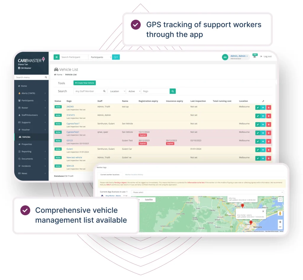 Image showing the 'Vehicle List' interface from a provider management platform, with a detailed table including vehicle registration, staff assignments, expiry dates, and maintenance details. Below the list is a GPS map interface for tracking support workers' locations. The highlighted features emphasize comprehensive vehicle management and real-time worker tracking, ensuring operational efficiency and accountability.