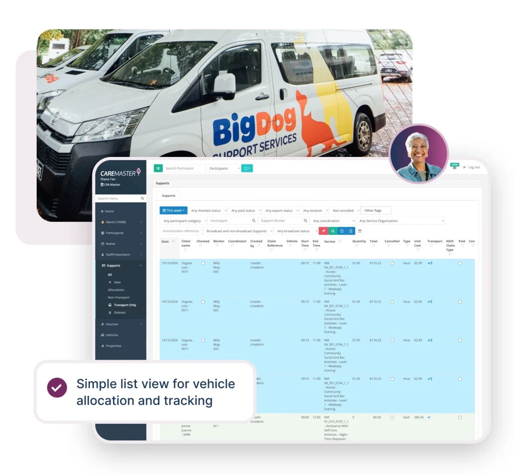Image showing a fleet of vans labeled 'Big Dog Support Services' in the background, alongside a detailed interface of a caregiving management platform. The interface displays a table for vehicle allocation and tracking, listing support details, coordinator information, vehicle references, and associated costs. The caption highlights the simplicity and efficiency of the list view for managing vehicle-related logistics.
