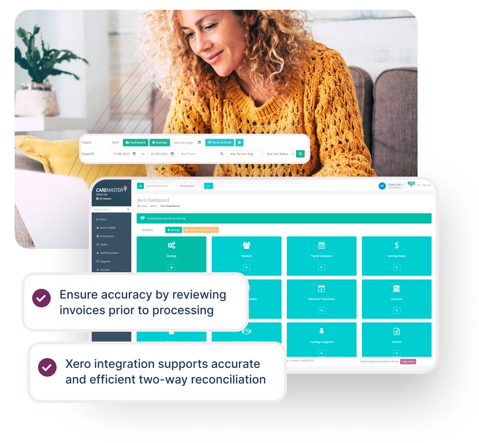 Image showcasing a provider using an invoice management dashboard with Xero integration. The interface highlights tools for reviewing invoices before processing to ensure accuracy. Key features include efficient two-way reconciliation and streamlined financial workflows for improved management of provider services.