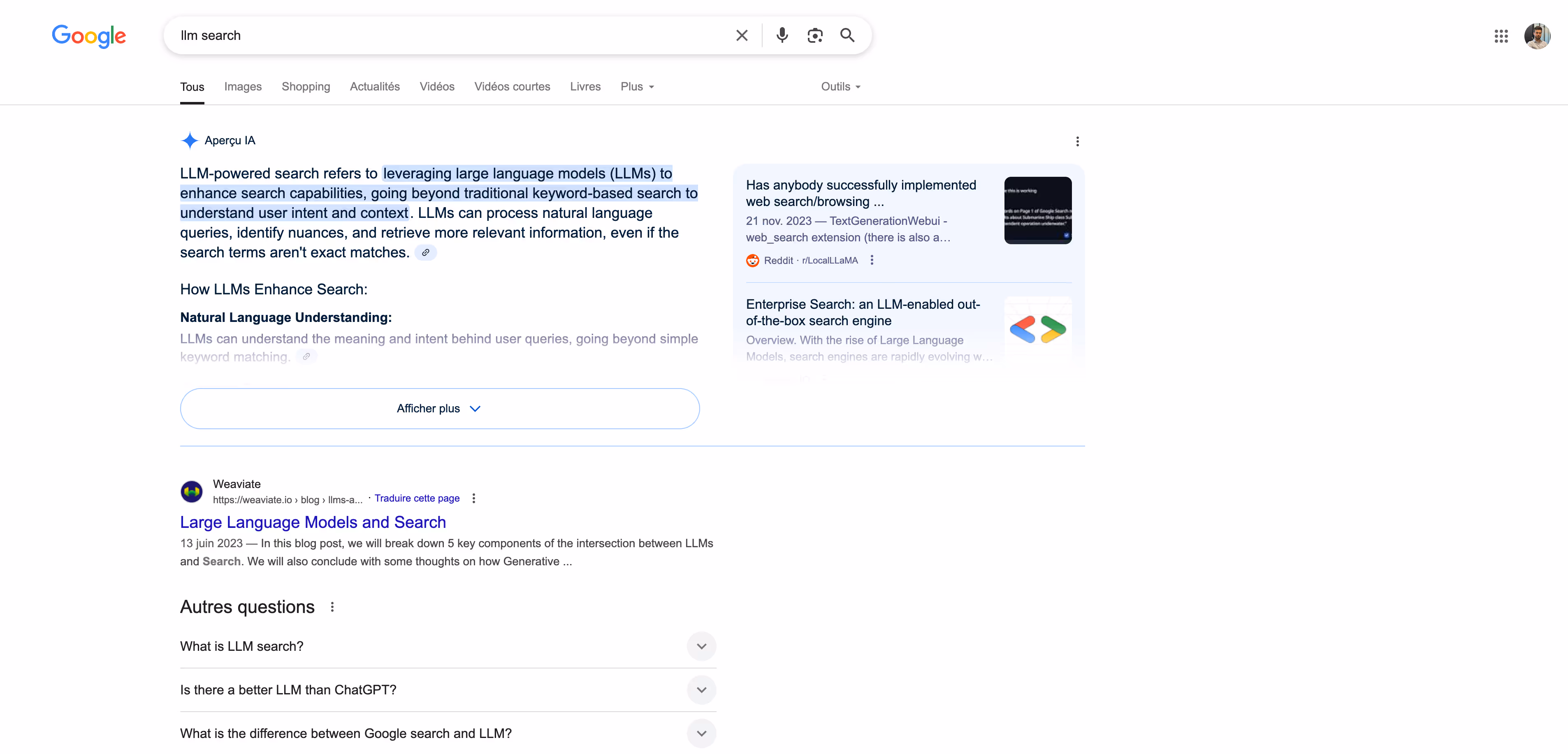 Aperçu IA Google pour une requête sur les LLM