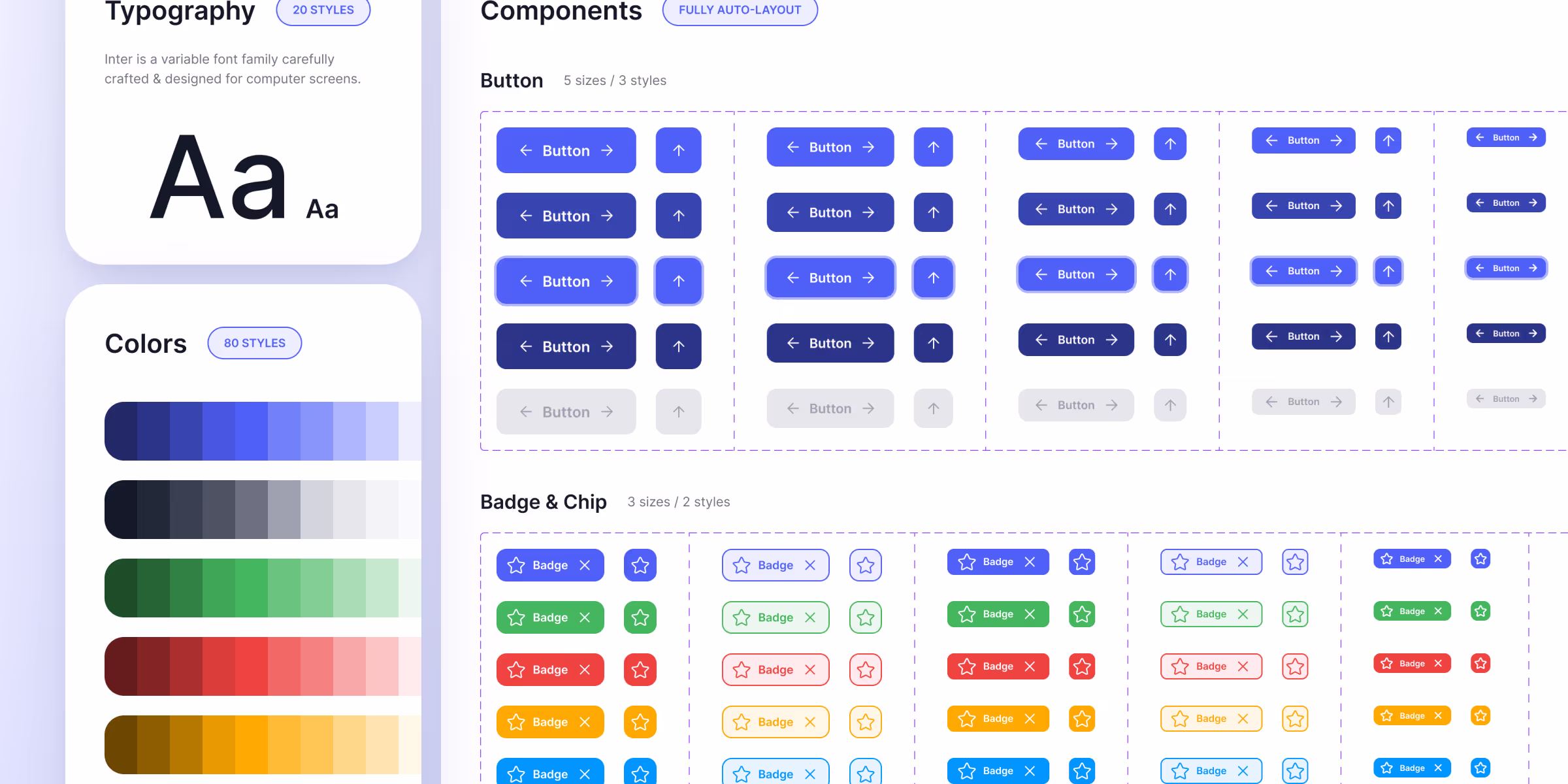 Design system présentant des boutons, couleurs et typographies standardisés.