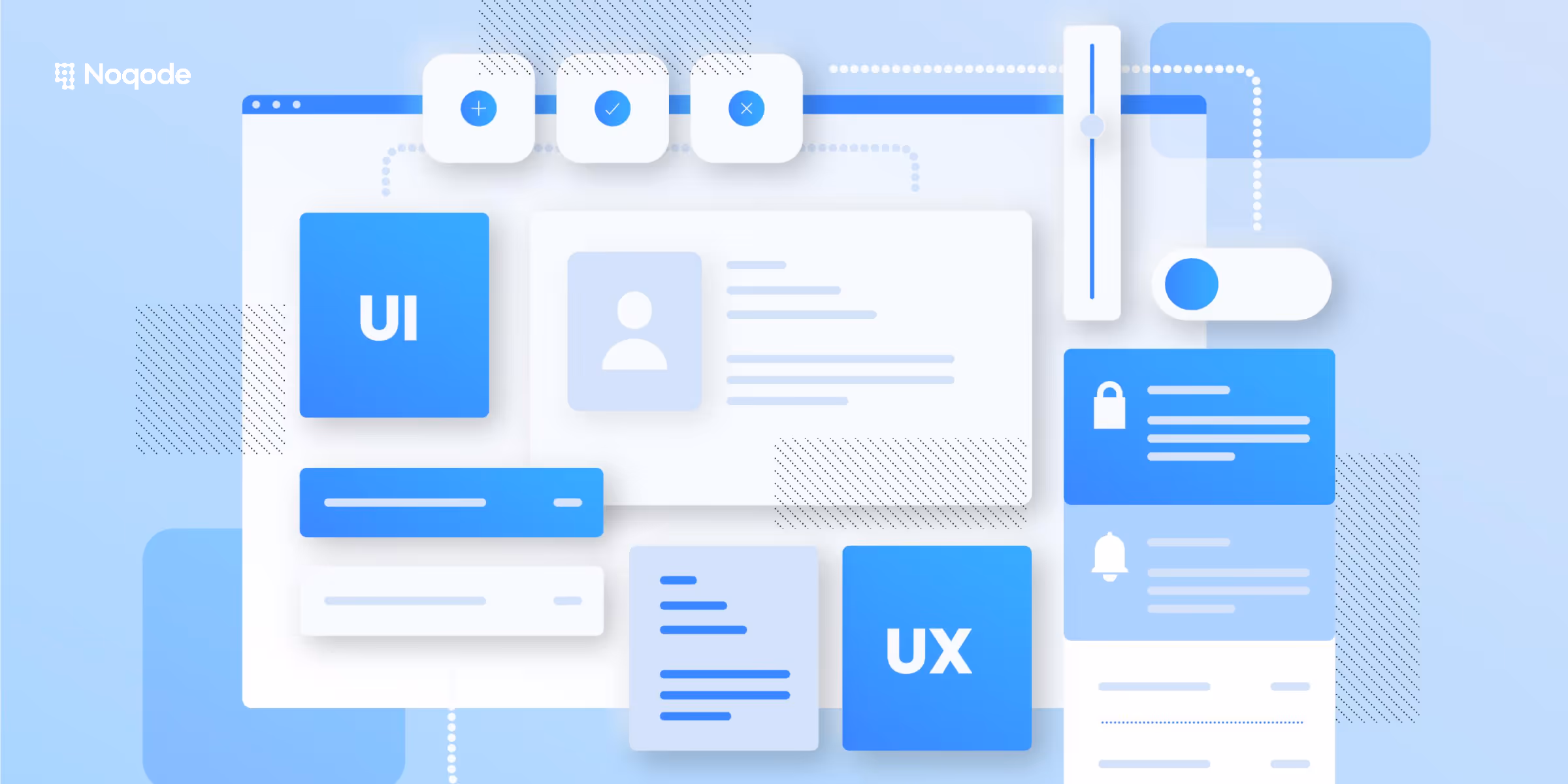 Représentation d'une interface utilisateur avec des éléments UX et UI, incluant boutons, menus et notifications.