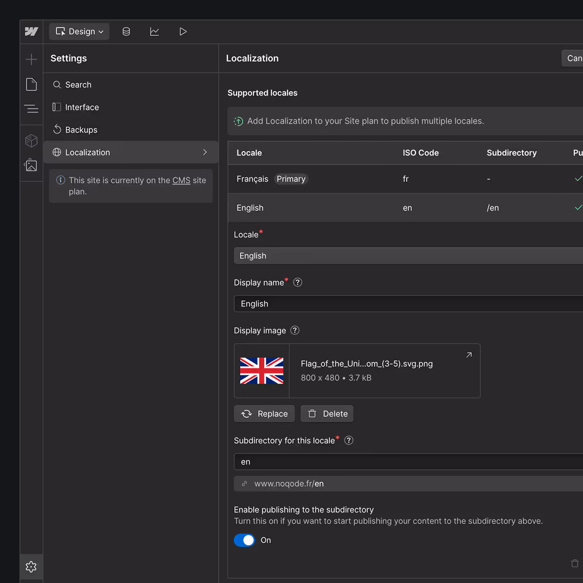 Interface de Webflow montrant les paramètres de localisation pour un site multilingue.