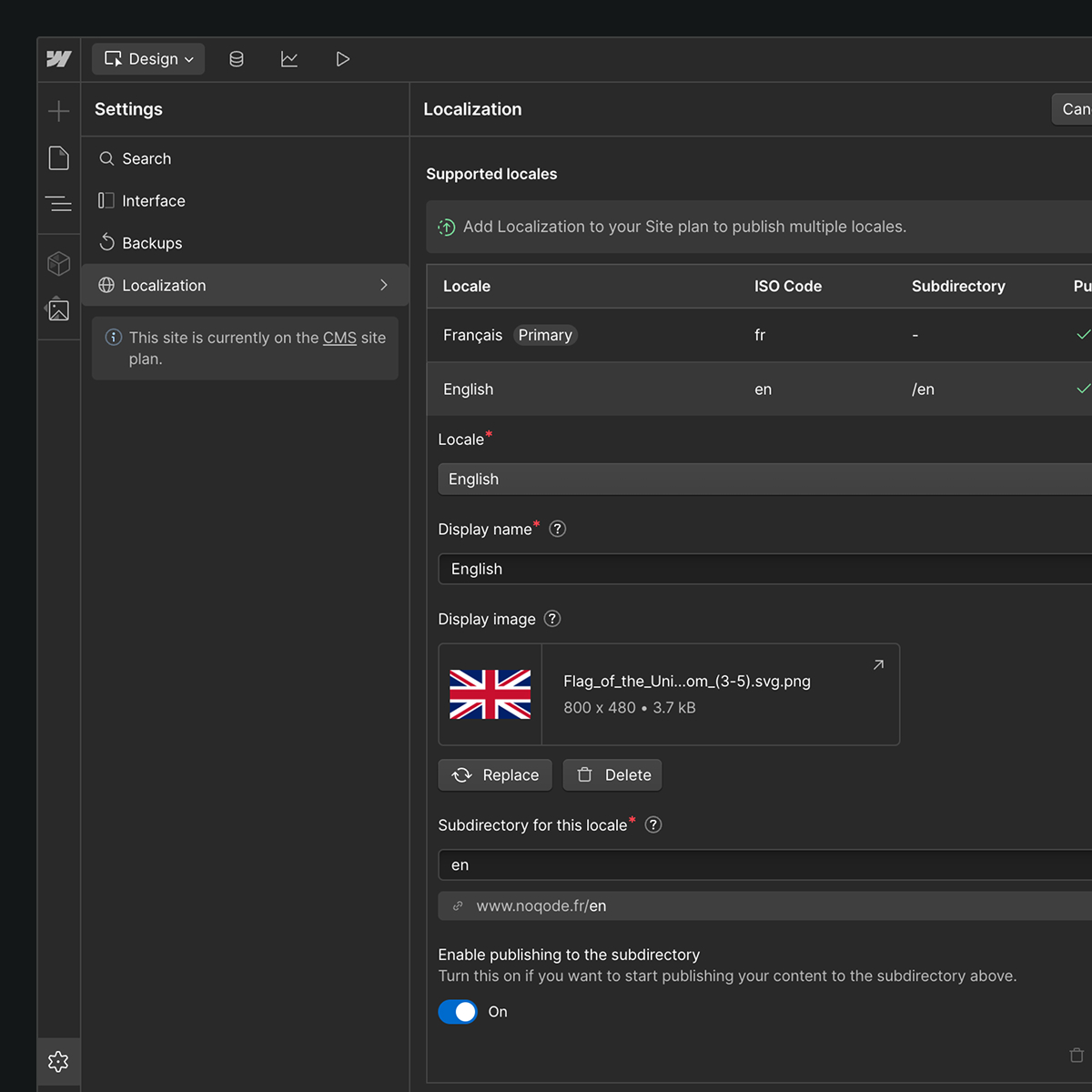 Webflow interface showing localization settings for a multilingual website.