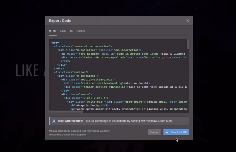 Export code HTML/CSS/JS sur Webflow