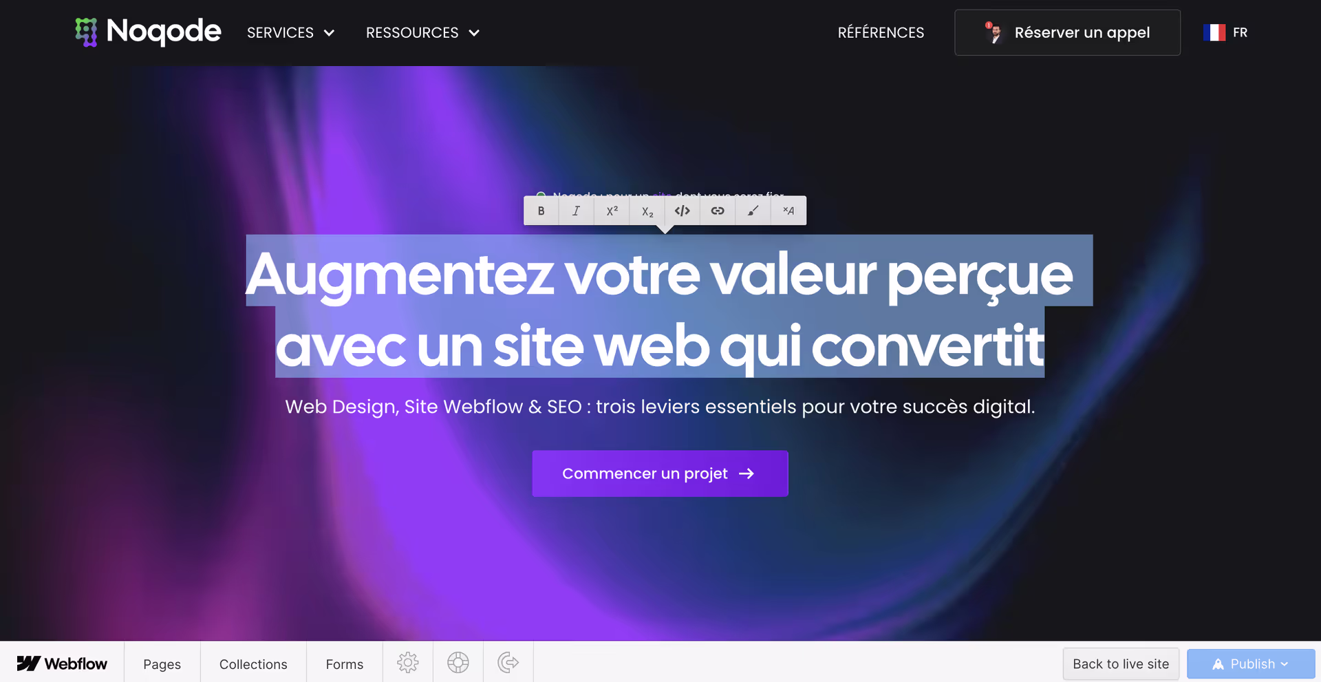 Mode éditeur de Webflow